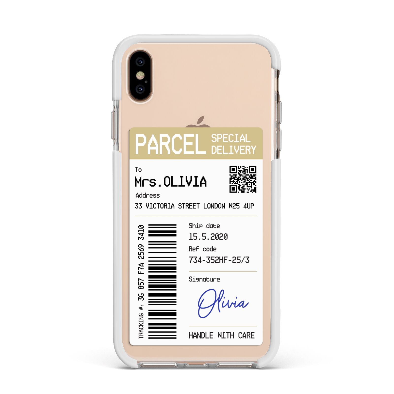 Parcel Label with Name Apple iPhone Xs Max Impact Case White Edge on Gold Phone