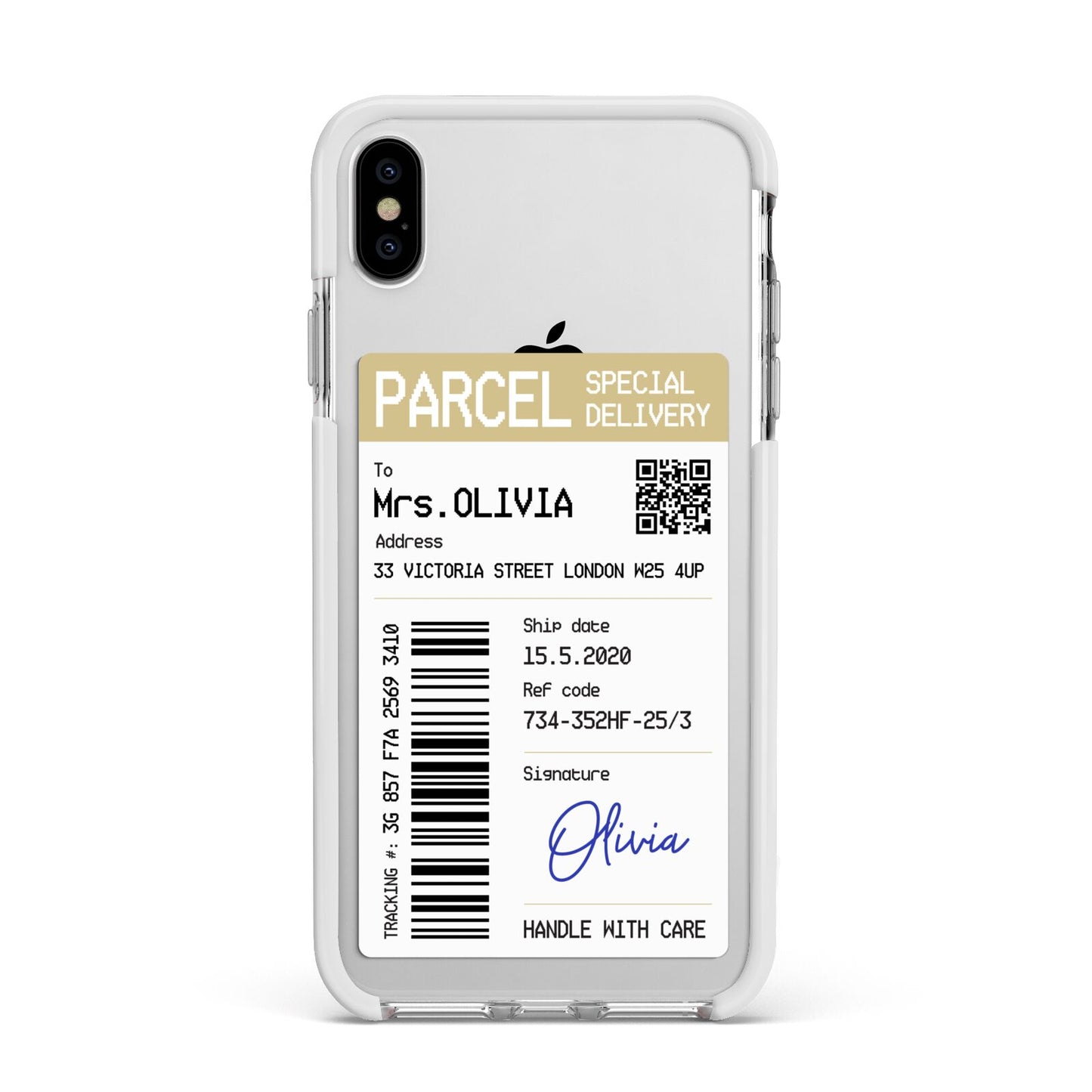 Parcel Label with Name Apple iPhone Xs Max Impact Case White Edge on Silver Phone