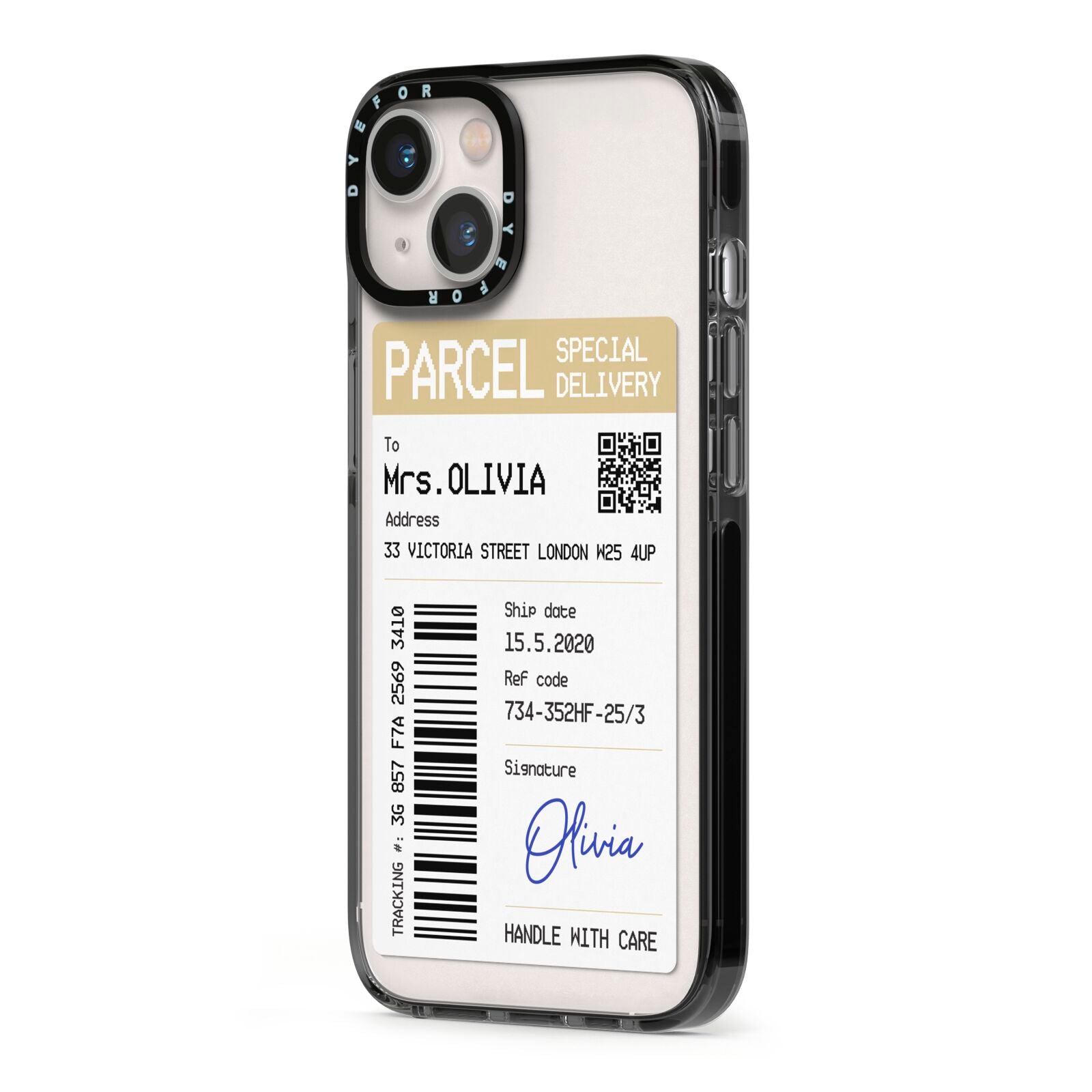 Parcel Label with Name iPhone 13 Black Impact Case Side Angle on Silver phone