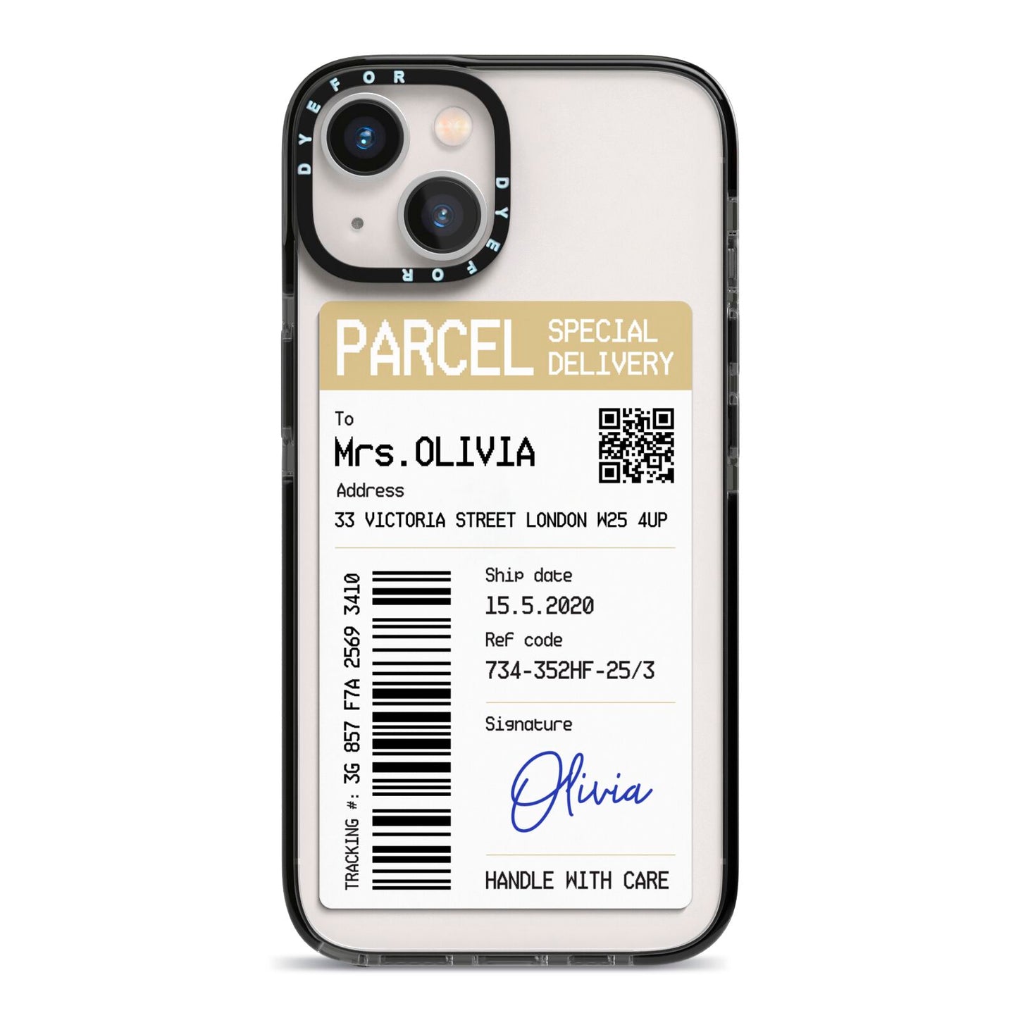 Parcel Label with Name iPhone 13 Black Impact Case on Silver phone