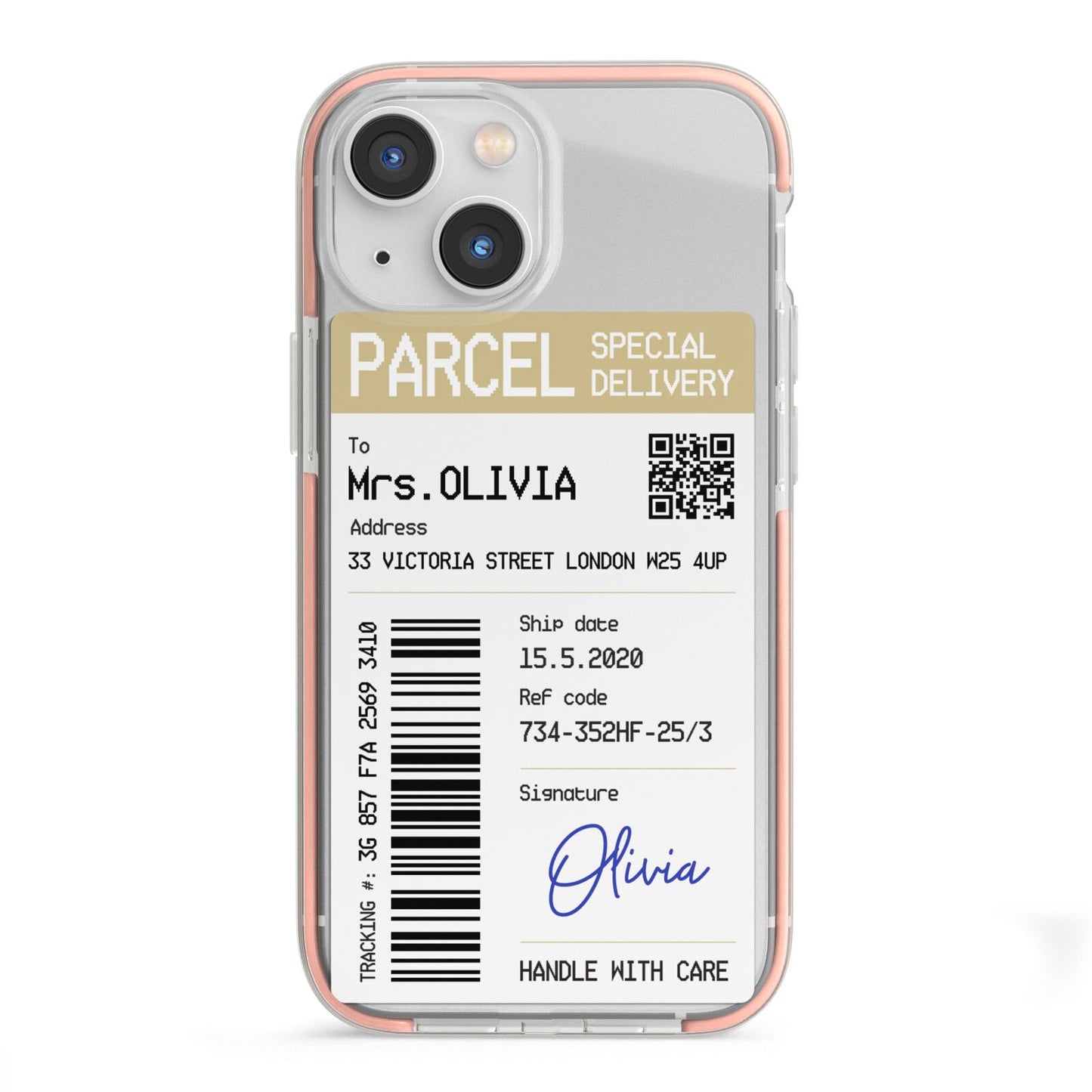 Parcel Label with Name iPhone 13 Mini TPU Impact Case with Pink Edges