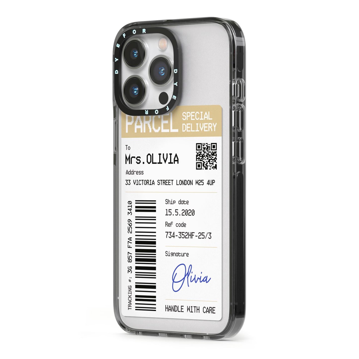 Parcel Label with Name iPhone 13 Pro Black Impact Case Side Angle on Silver phone