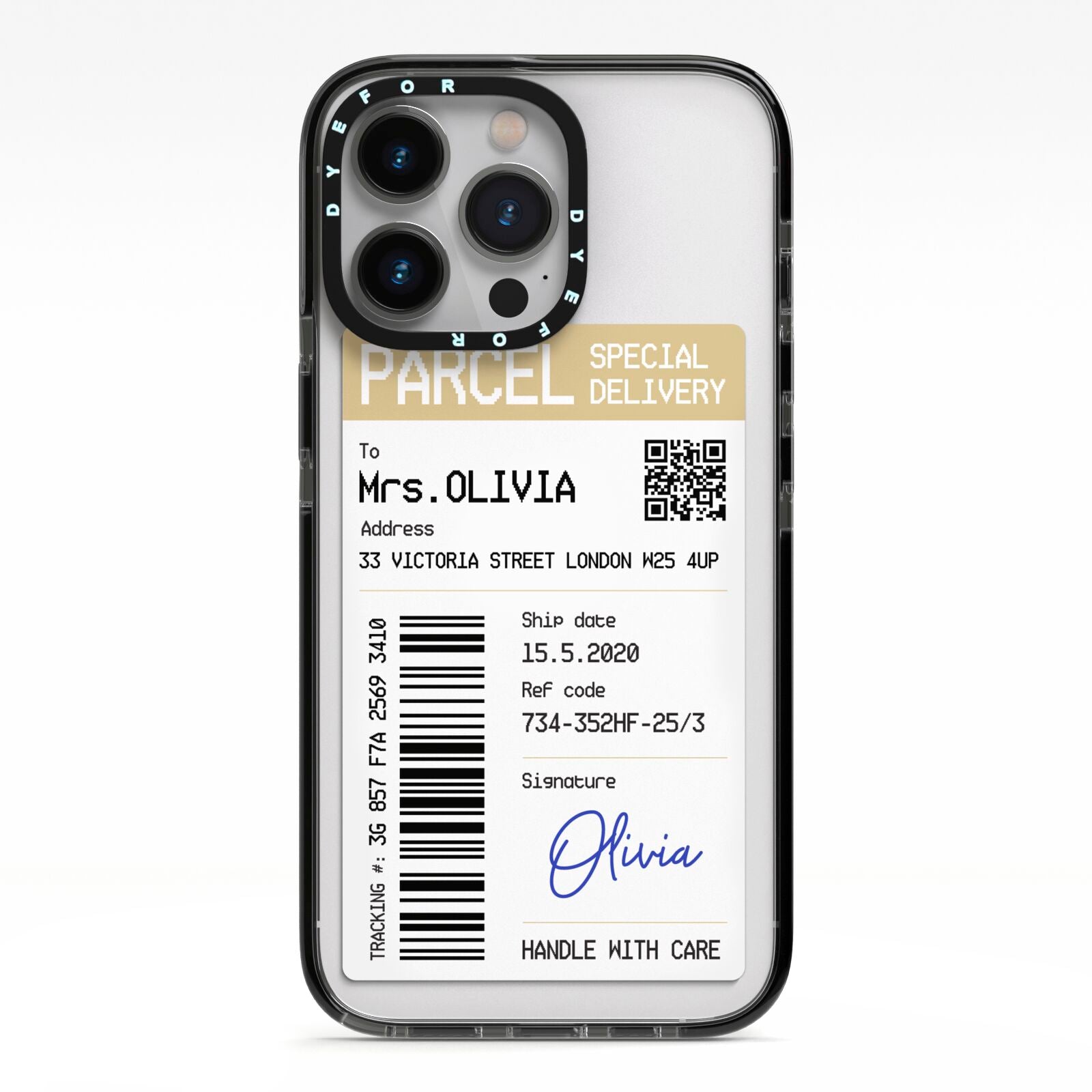 Parcel Label with Name iPhone 13 Pro Black Impact Case on Silver phone