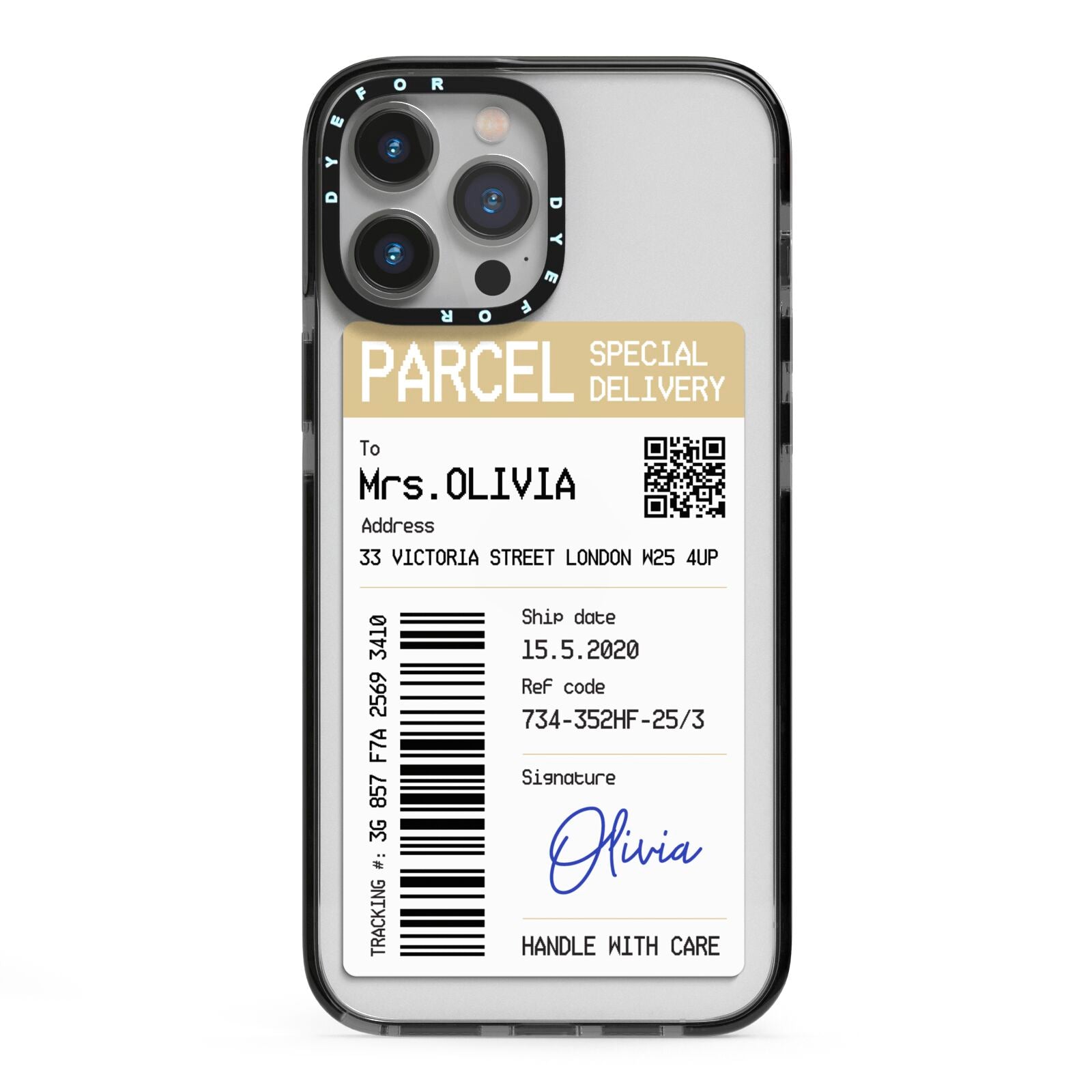 Parcel Label with Name iPhone 13 Pro Max Black Impact Case on Silver phone