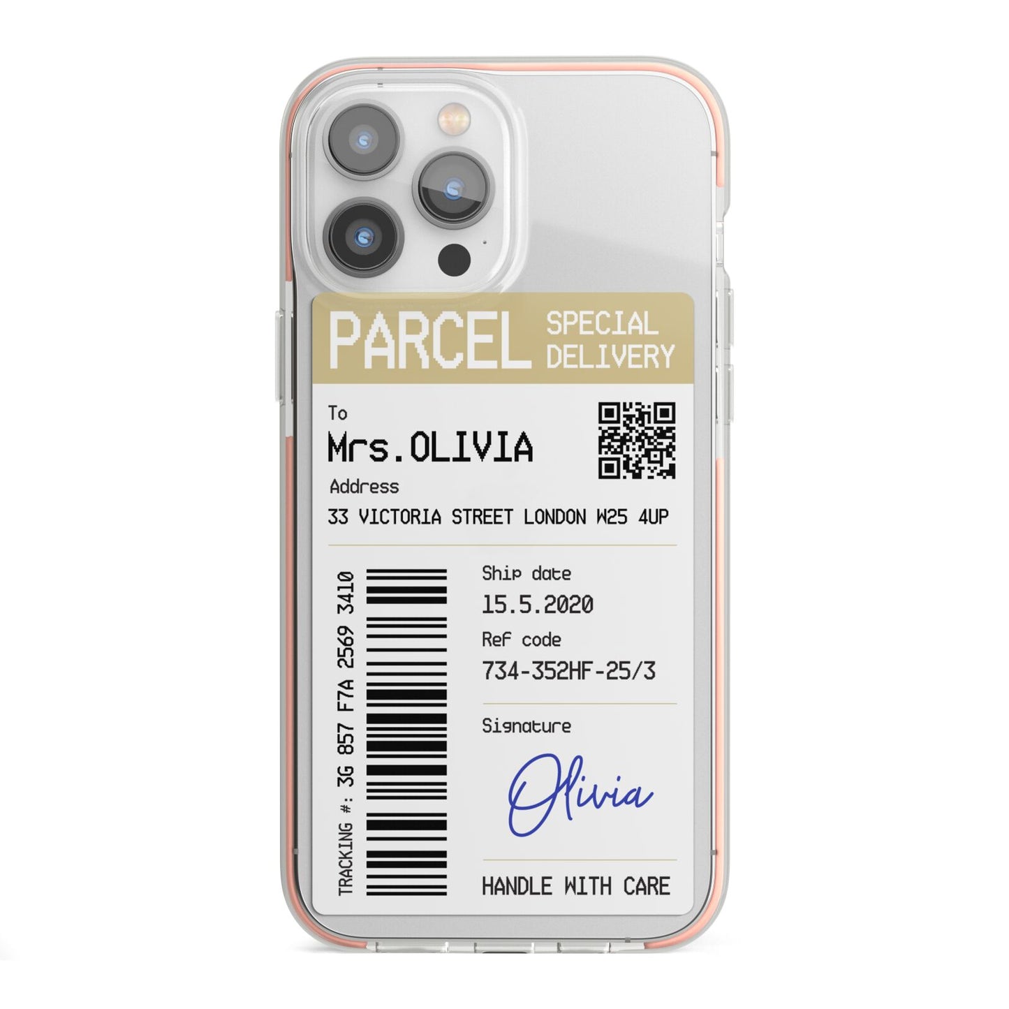 Parcel Label with Name iPhone 13 Pro Max TPU Impact Case with Pink Edges