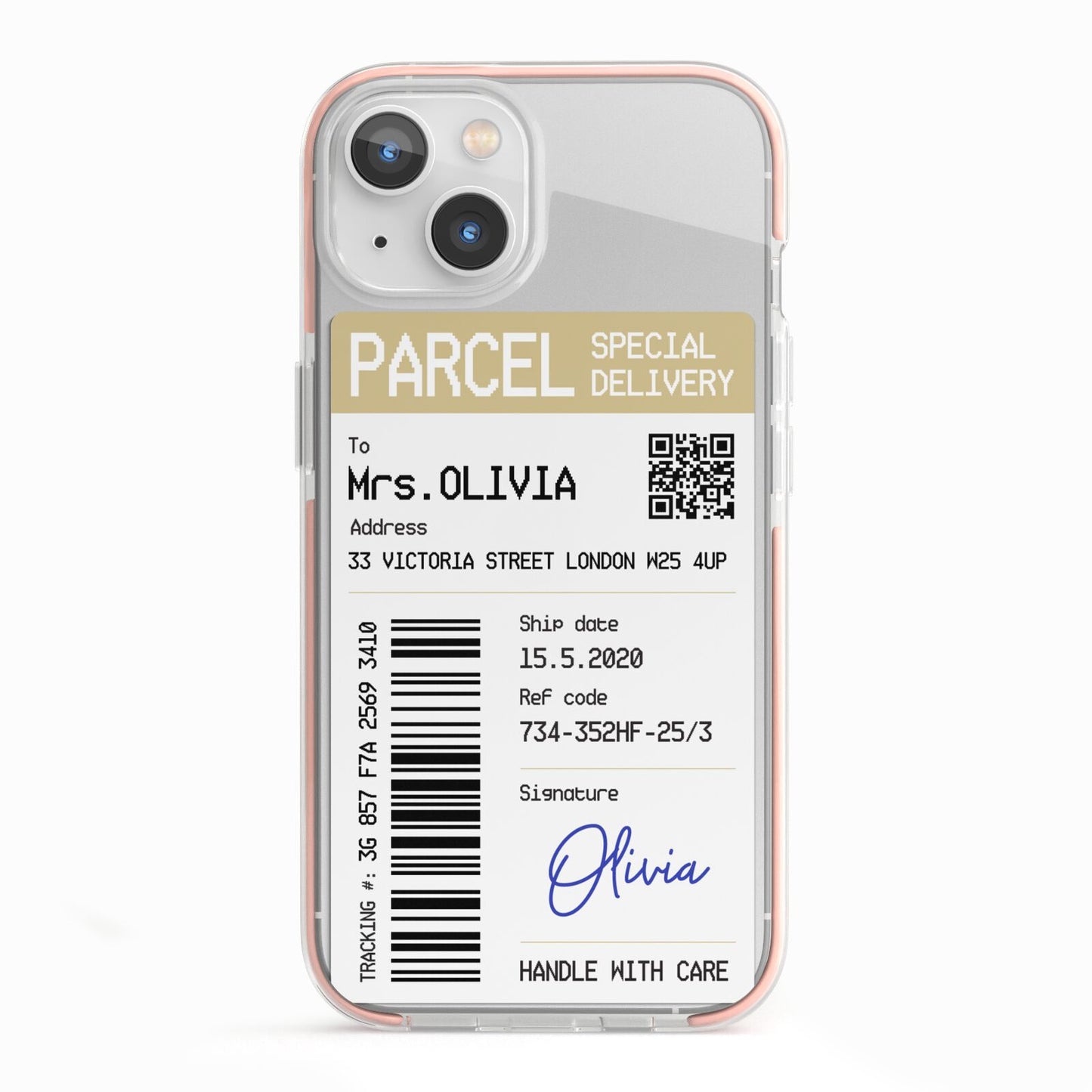 Parcel Label with Name iPhone 13 TPU Impact Case with Pink Edges