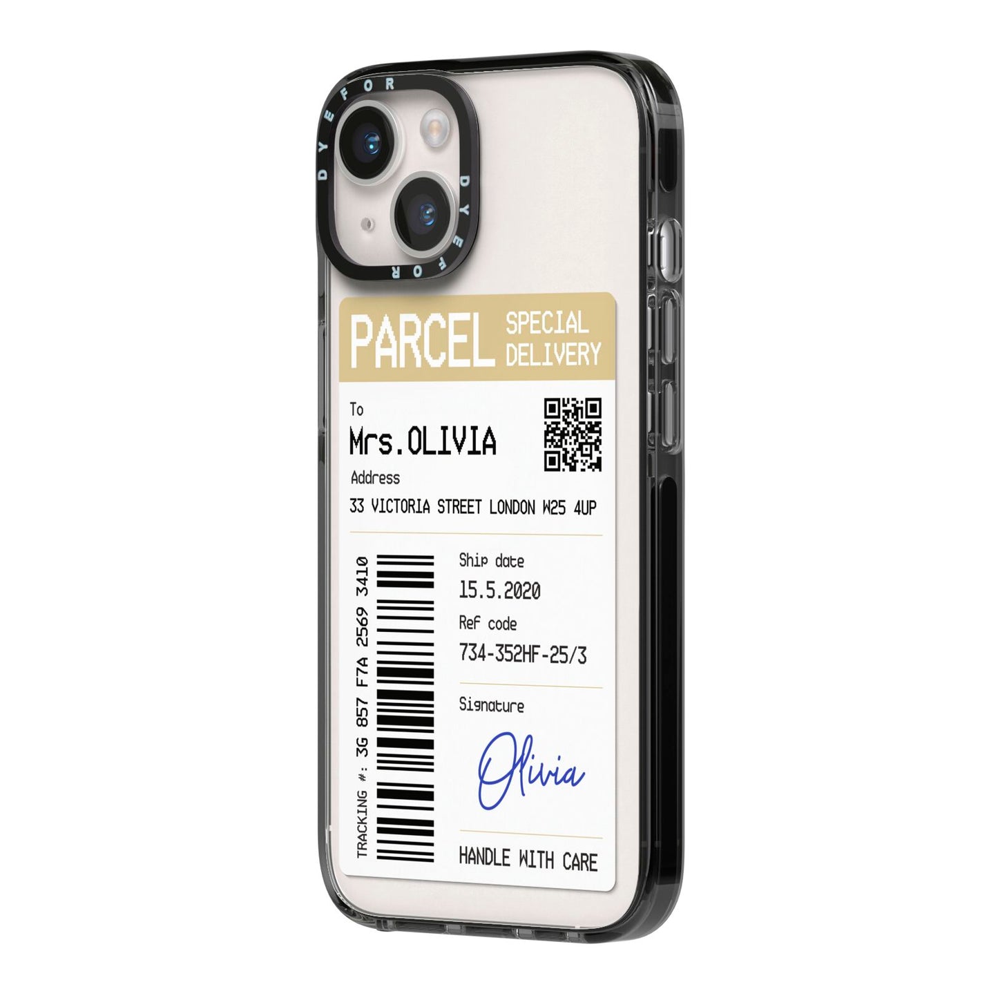 Parcel Label with Name iPhone 14 Black Impact Case Side Angle on Silver phone