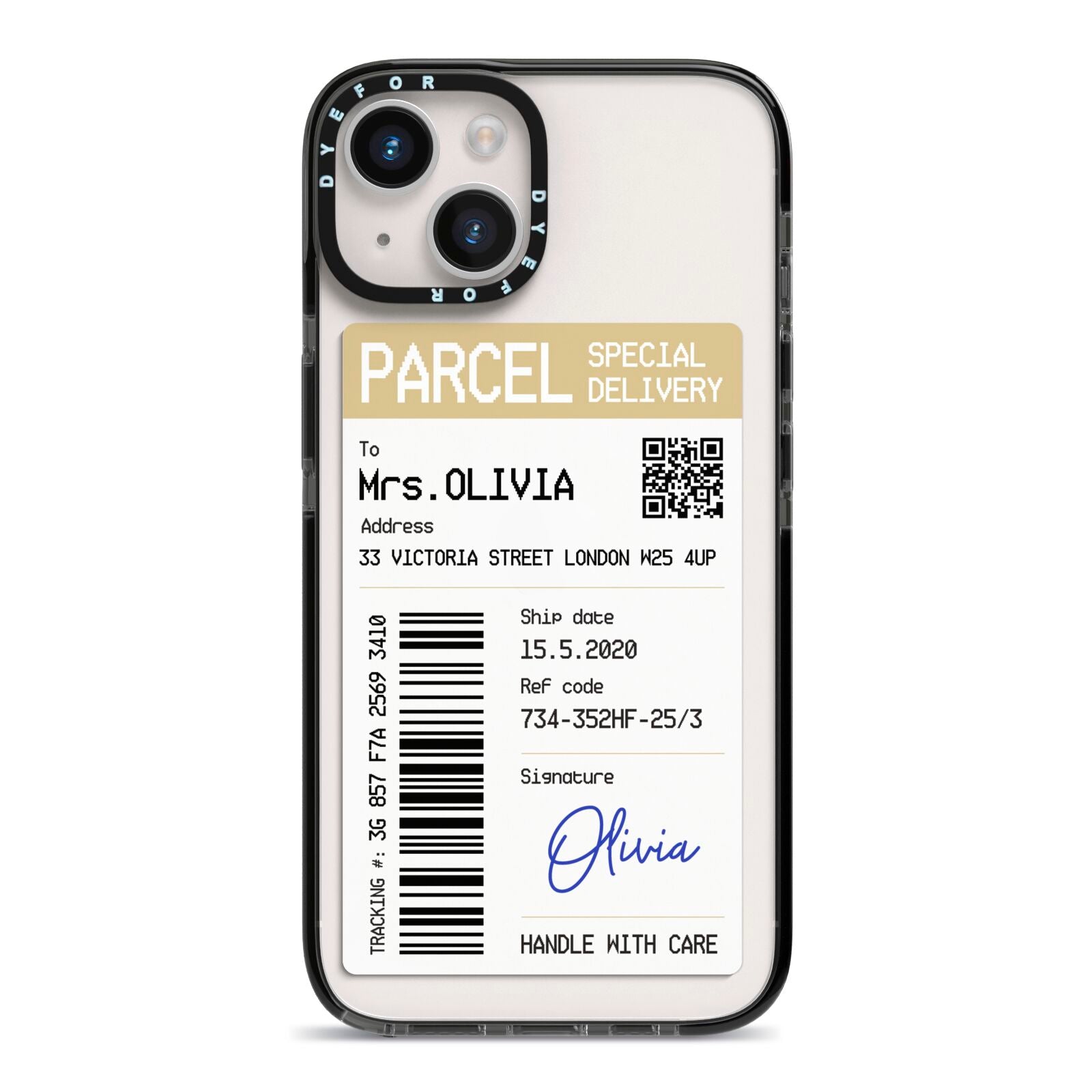 Parcel Label with Name iPhone 14 Black Impact Case on Silver phone