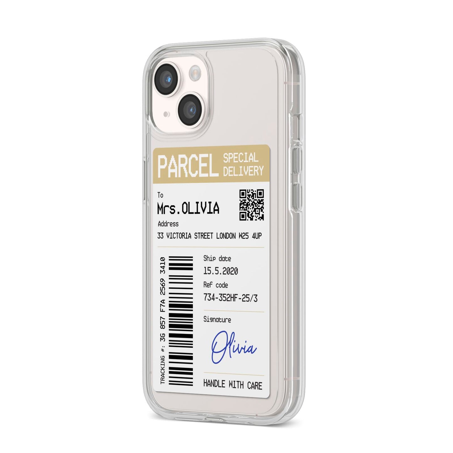 Parcel Label with Name iPhone 14 Clear Tough Case Starlight Angled Image