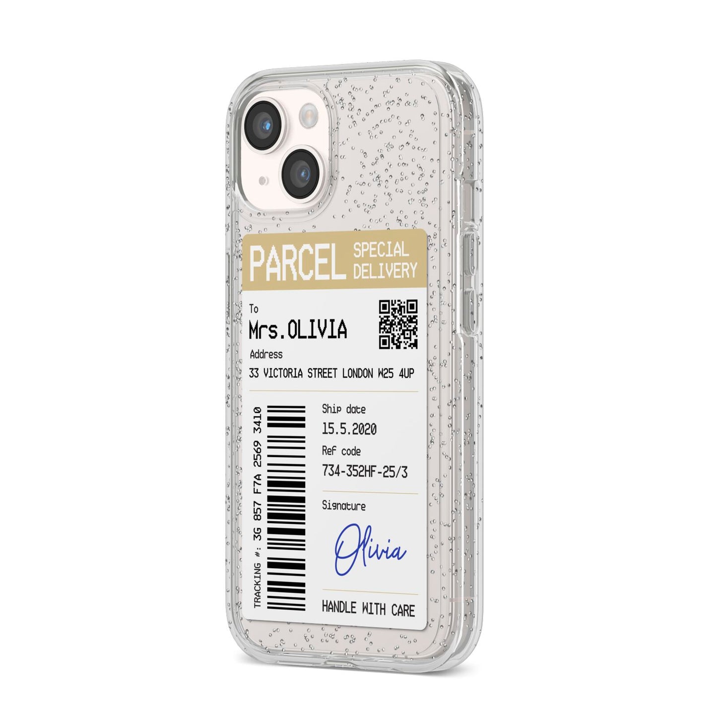 Parcel Label with Name iPhone 14 Glitter Tough Case Starlight Angled Image