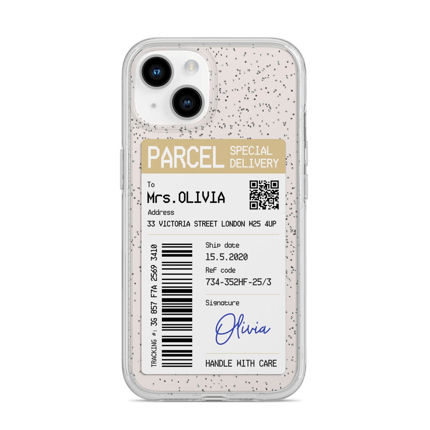 Parcel Label with Name iPhone 14 Glitter Tough Case Starlight