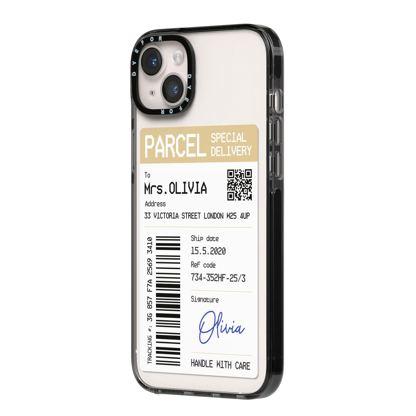 Parcel Label with Name iPhone 14 Plus Black Impact Case Side Angle on Silver phone