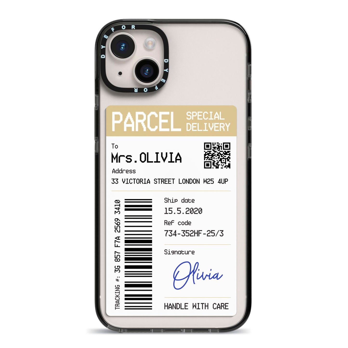 Parcel Label with Name iPhone 14 Plus Black Impact Case on Silver phone