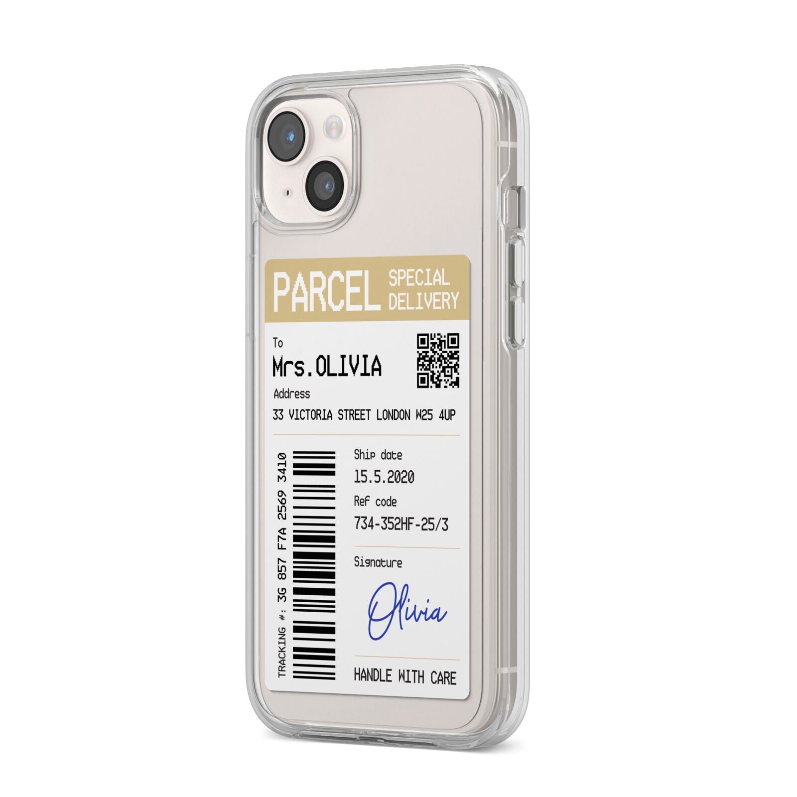 Parcel Label with Name iPhone 14 Plus Clear Tough Case Starlight Angled Image