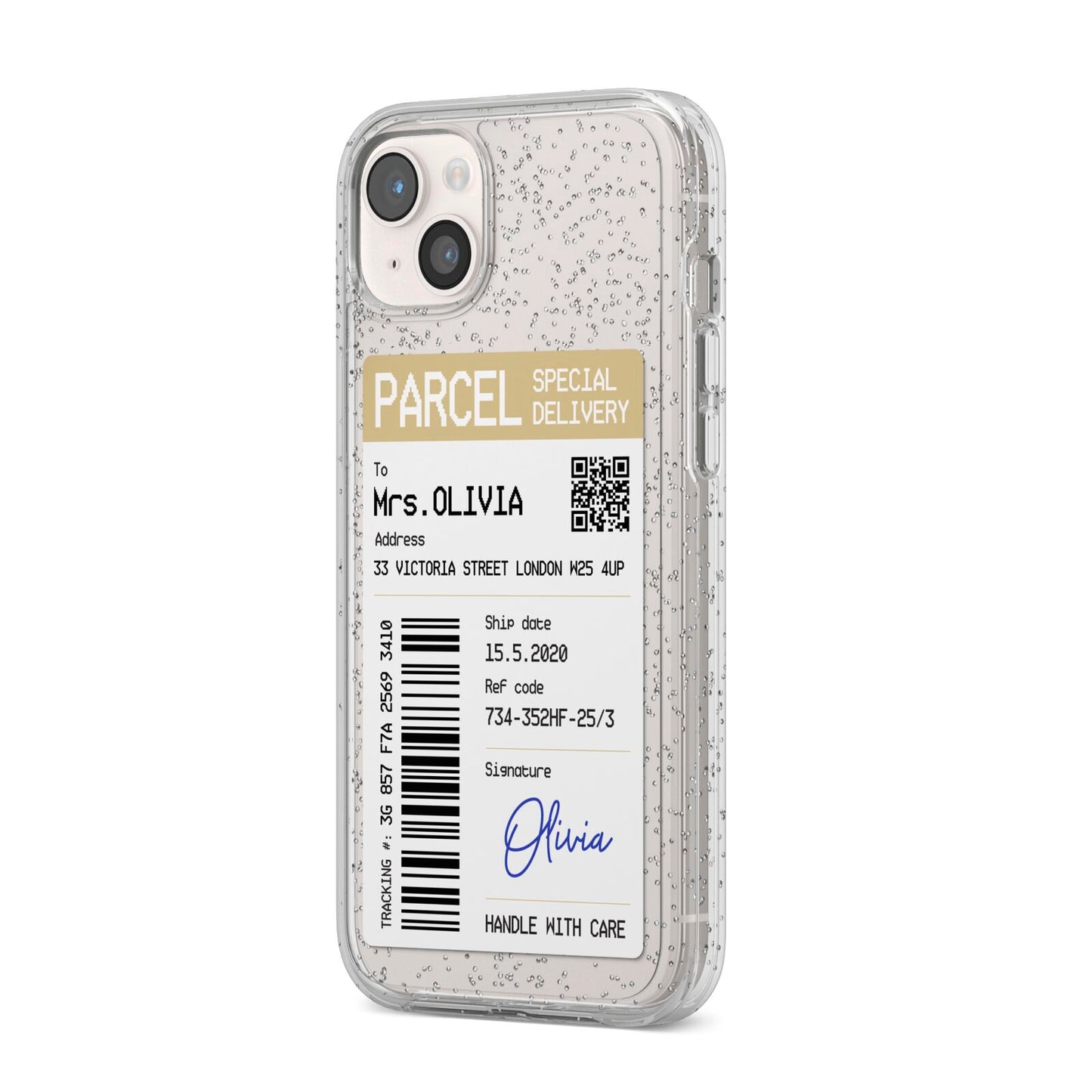 Parcel Label with Name iPhone 14 Plus Glitter Tough Case Starlight Angled Image