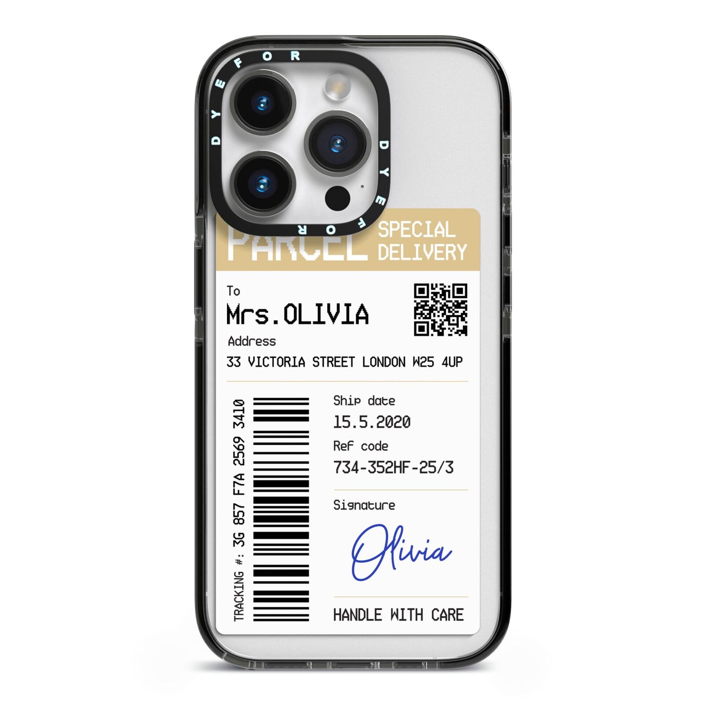 Parcel Label with Name iPhone 14 Pro Black Impact Case on Silver phone