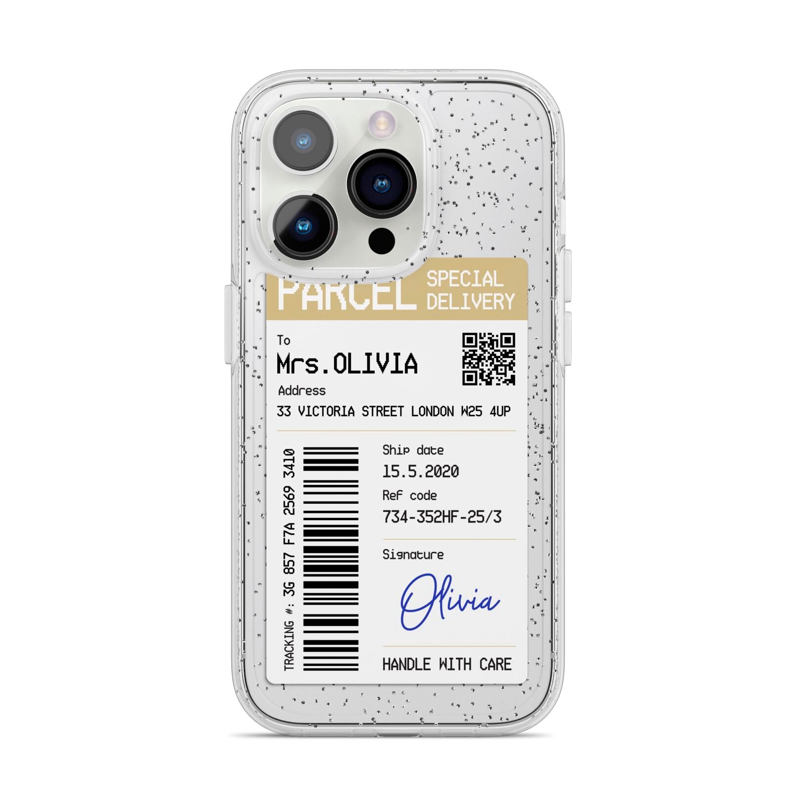 Parcel Label with Name iPhone 14 Pro Glitter Tough Case Silver