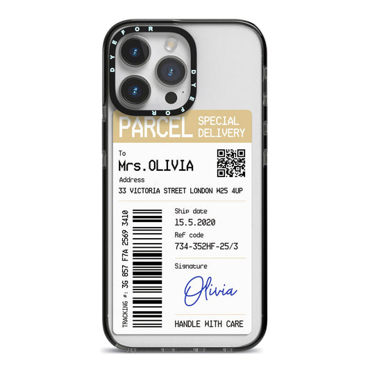 Parcel Label with Name iPhone 14 Pro Max Black Impact Case on Silver phone