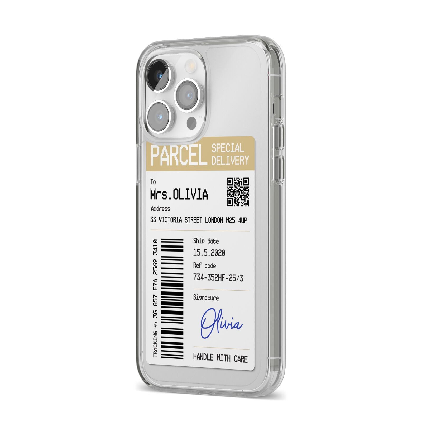 Parcel Label with Name iPhone 14 Pro Max Clear Tough Case Silver Angled Image