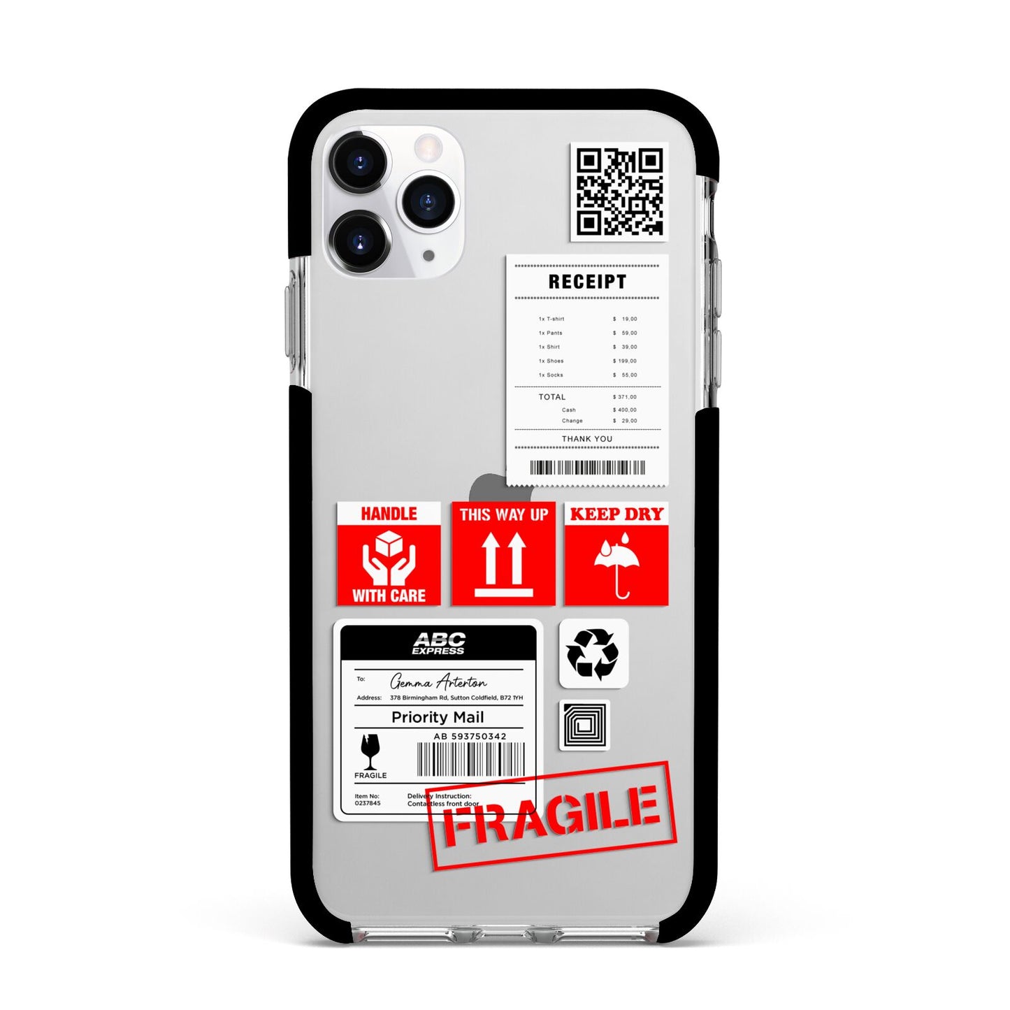 Parcel Stickers with Name Apple iPhone 11 Pro Max in Silver with Black Impact Case