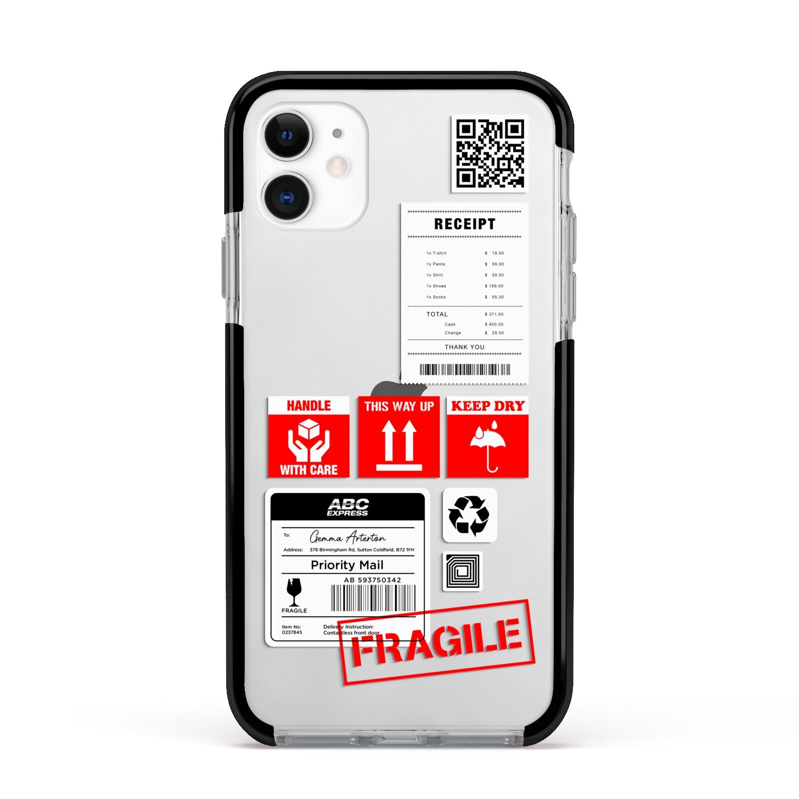 Parcel Stickers with Name Apple iPhone 11 in White with Black Impact Case