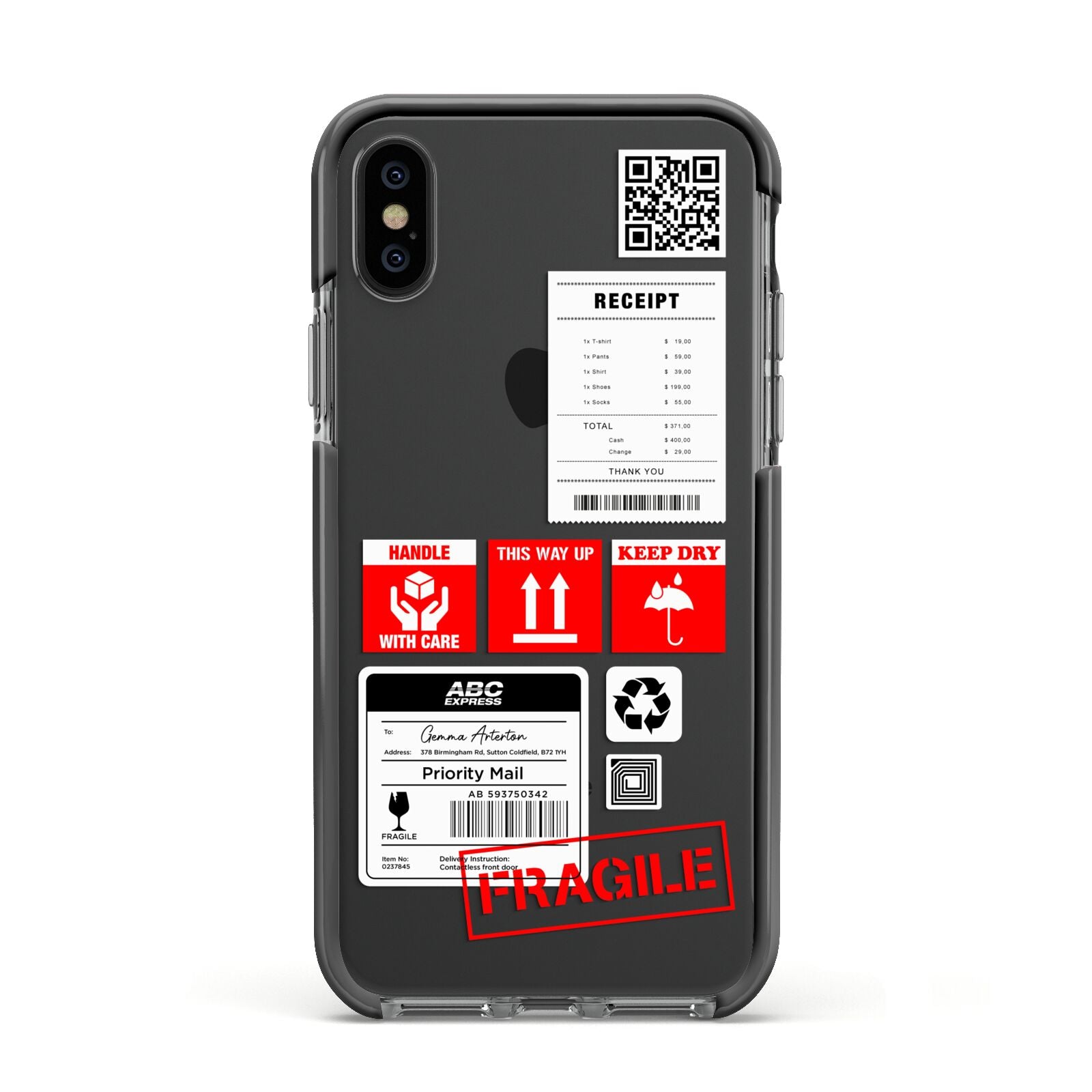 Parcel Stickers with Name Apple iPhone Xs Impact Case Black Edge on Black Phone