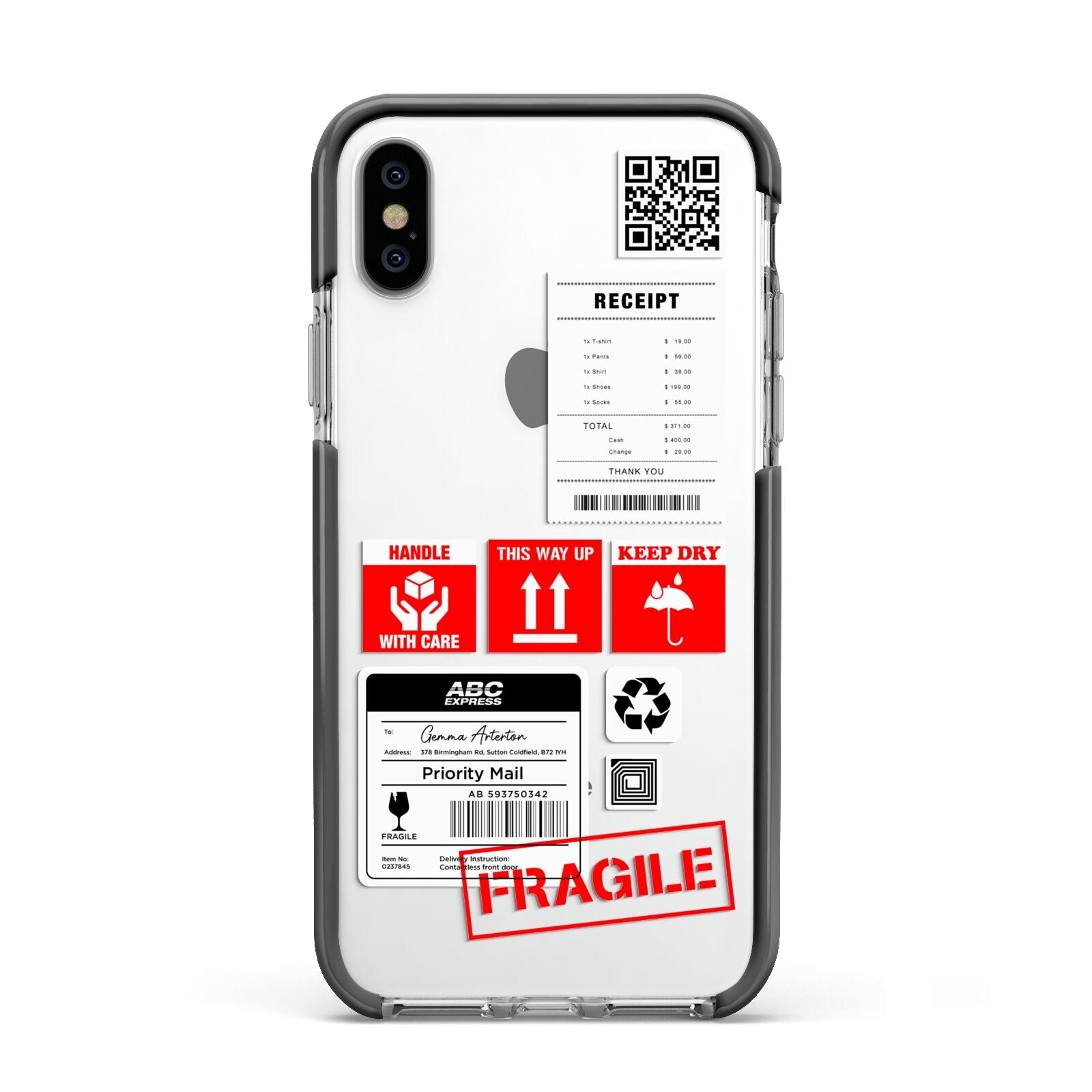 Parcel Stickers with Name Apple iPhone Xs Impact Case Black Edge on Silver Phone