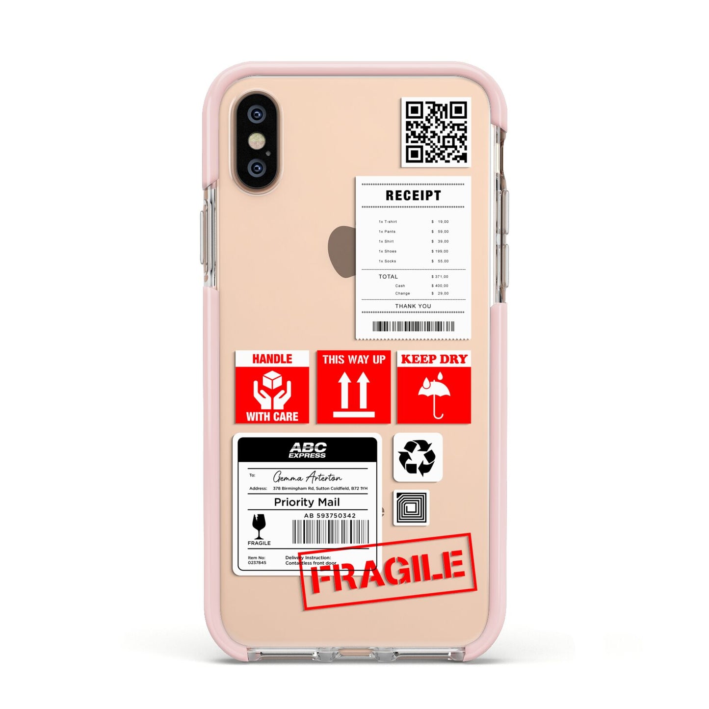 Parcel Stickers with Name Apple iPhone Xs Impact Case Pink Edge on Gold Phone