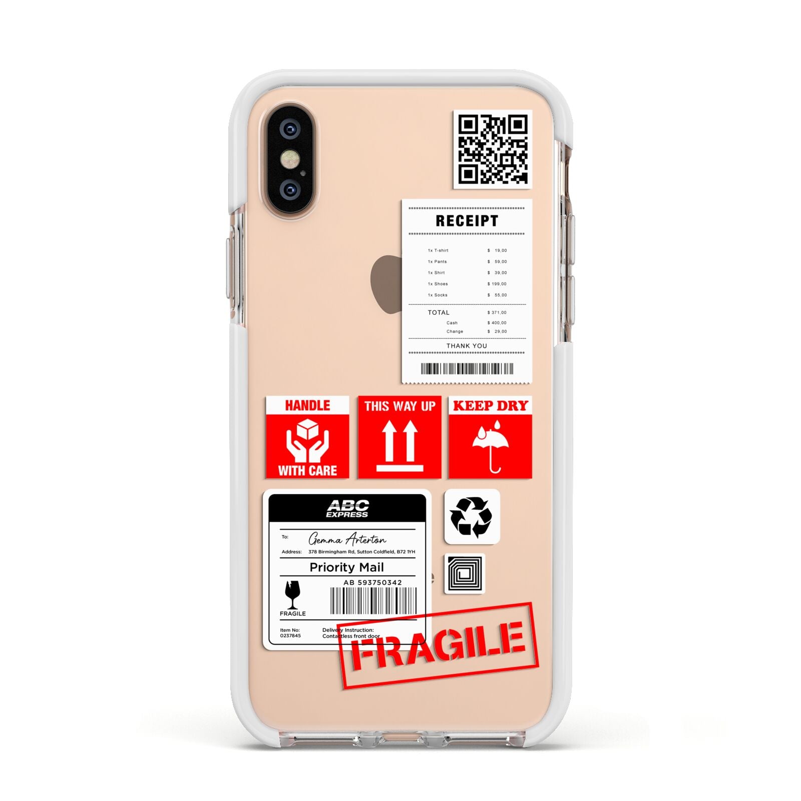 Parcel Stickers with Name Apple iPhone Xs Impact Case White Edge on Gold Phone