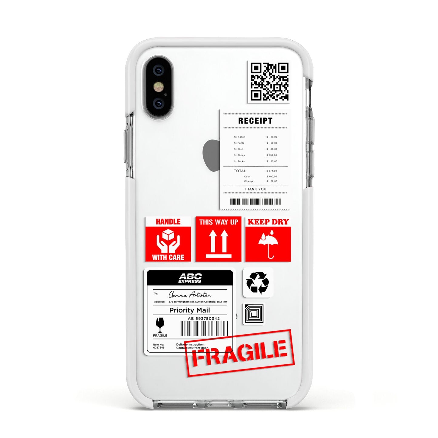 Parcel Stickers with Name Apple iPhone Xs Impact Case White Edge on Silver Phone