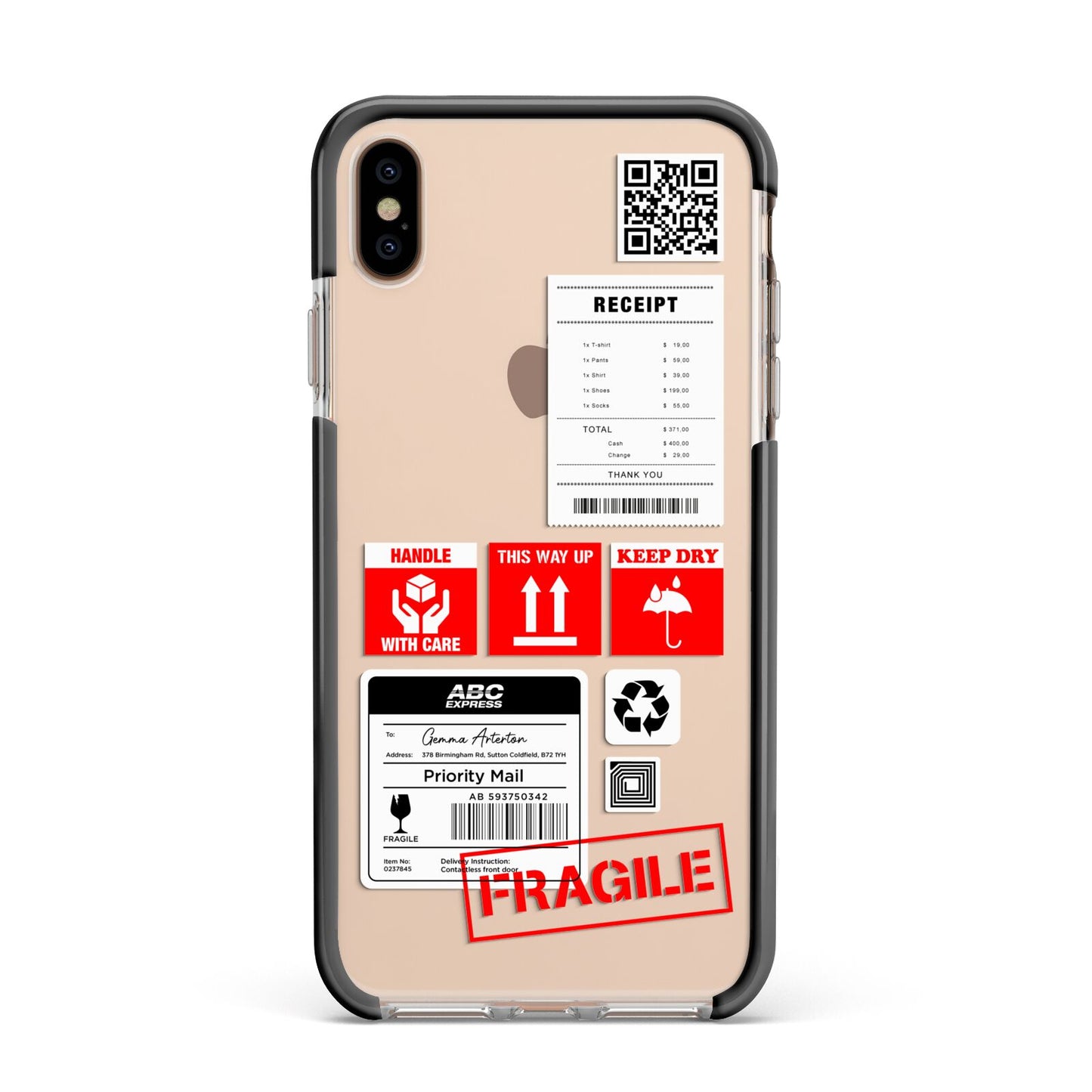 Parcel Stickers with Name Apple iPhone Xs Max Impact Case Black Edge on Gold Phone