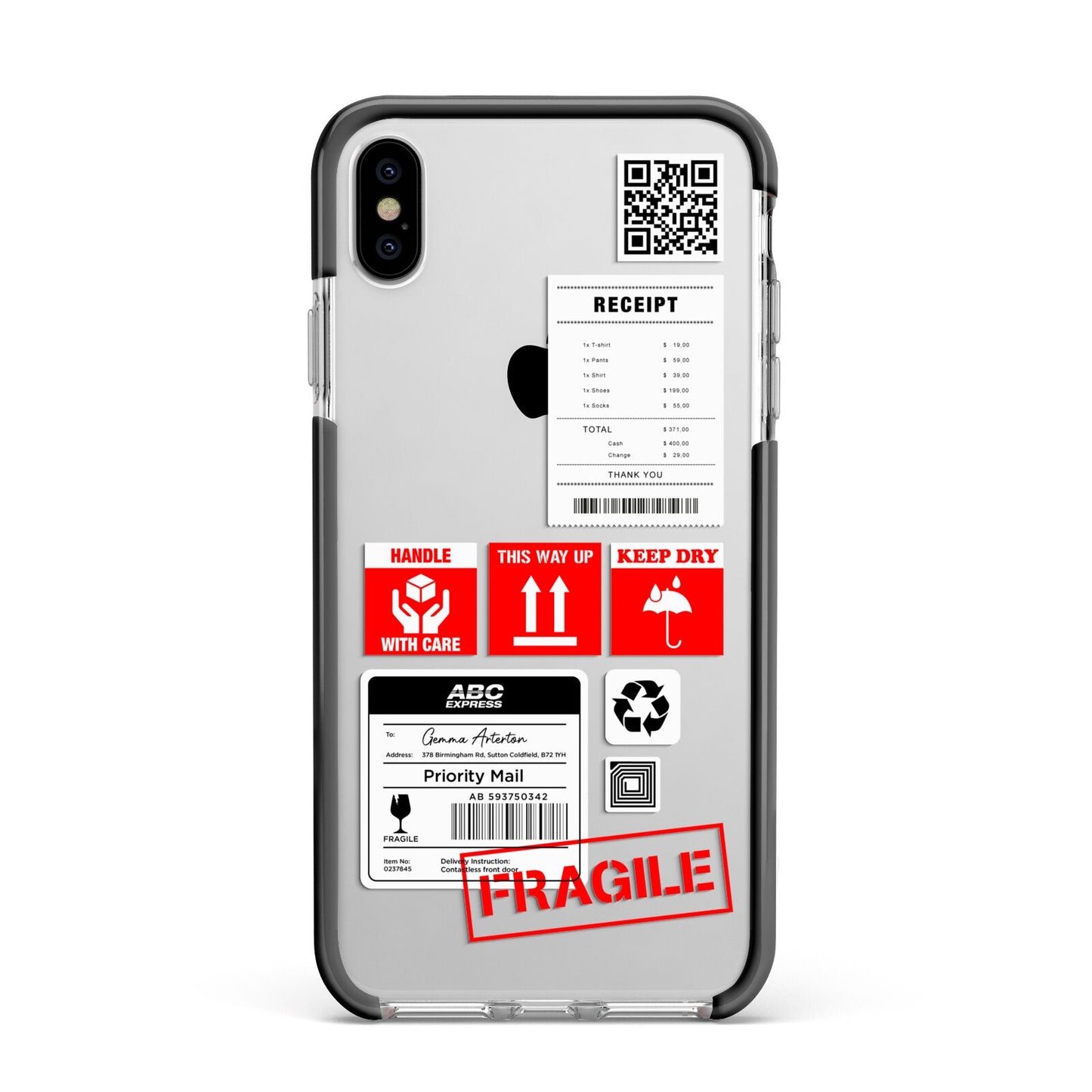 Parcel Stickers with Name Apple iPhone Xs Max Impact Case Black Edge on Silver Phone