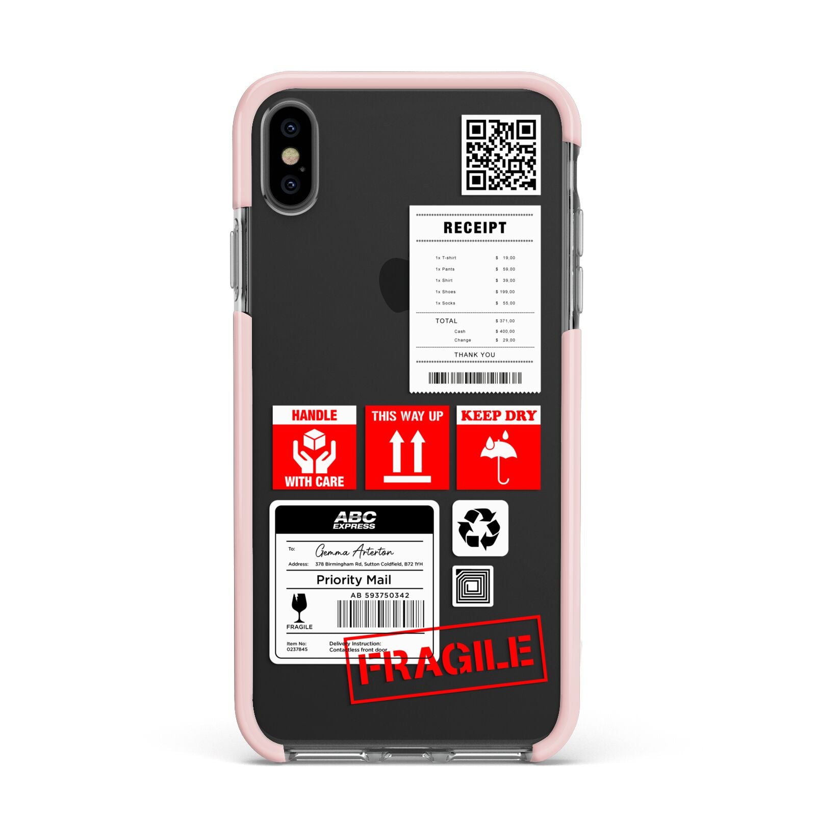 Parcel Stickers with Name Apple iPhone Xs Max Impact Case Pink Edge on Black Phone