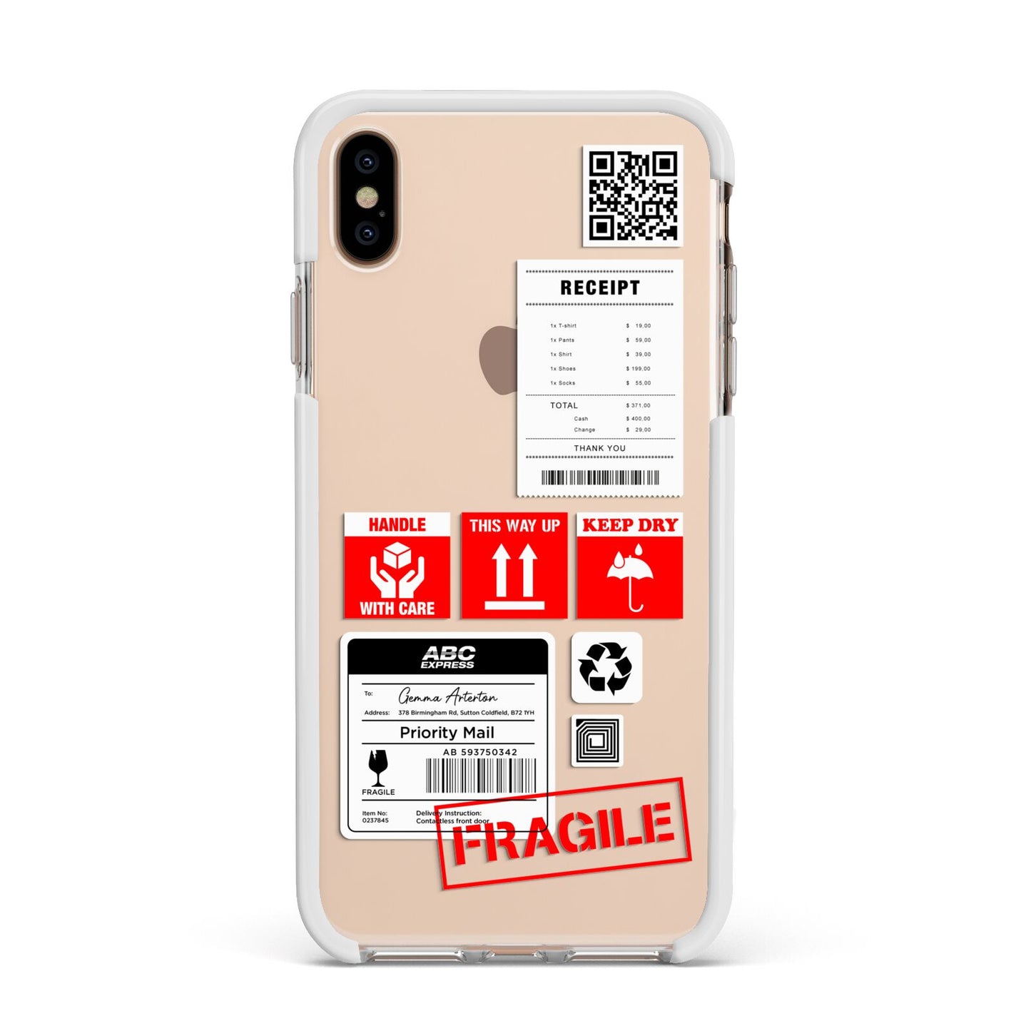 Parcel Stickers with Name Apple iPhone Xs Max Impact Case White Edge on Gold Phone