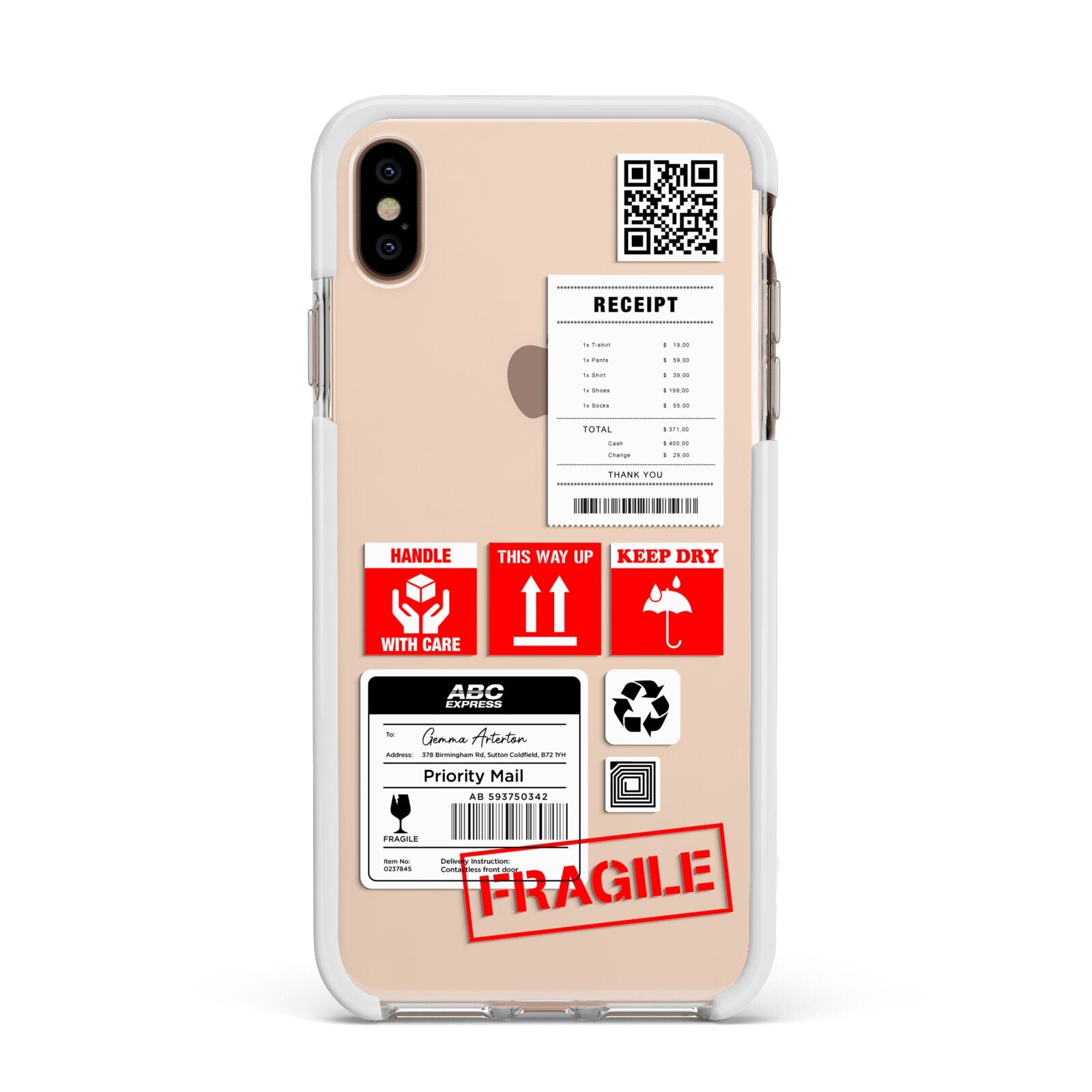 Parcel Stickers with Name Apple iPhone Xs Max Impact Case White Edge on Gold Phone