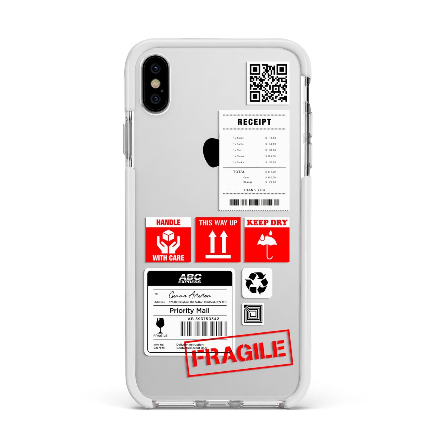 Parcel Stickers with Name Apple iPhone Xs Max Impact Case White Edge on Silver Phone