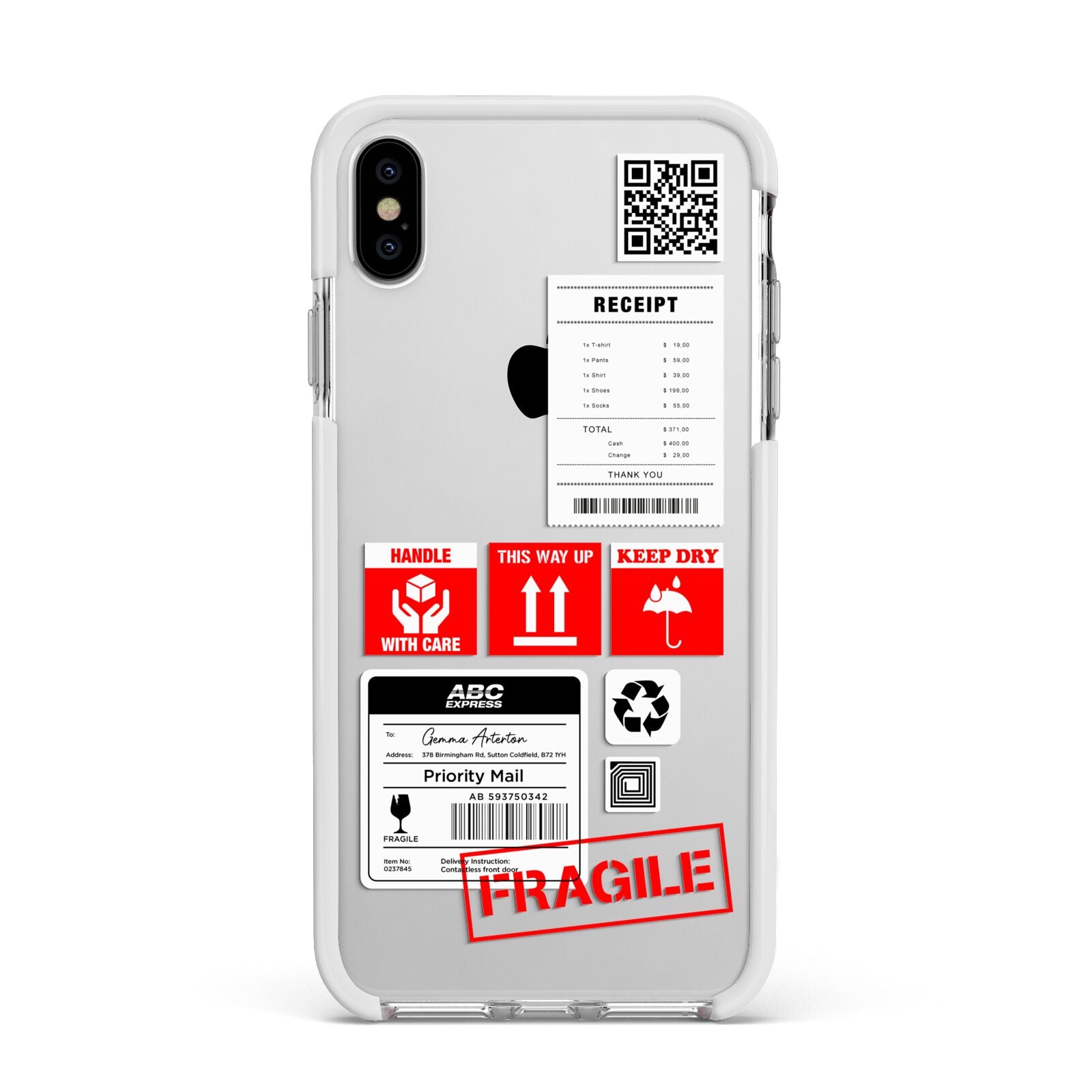 Parcel Stickers with Name Apple iPhone Xs Max Impact Case White Edge on Silver Phone