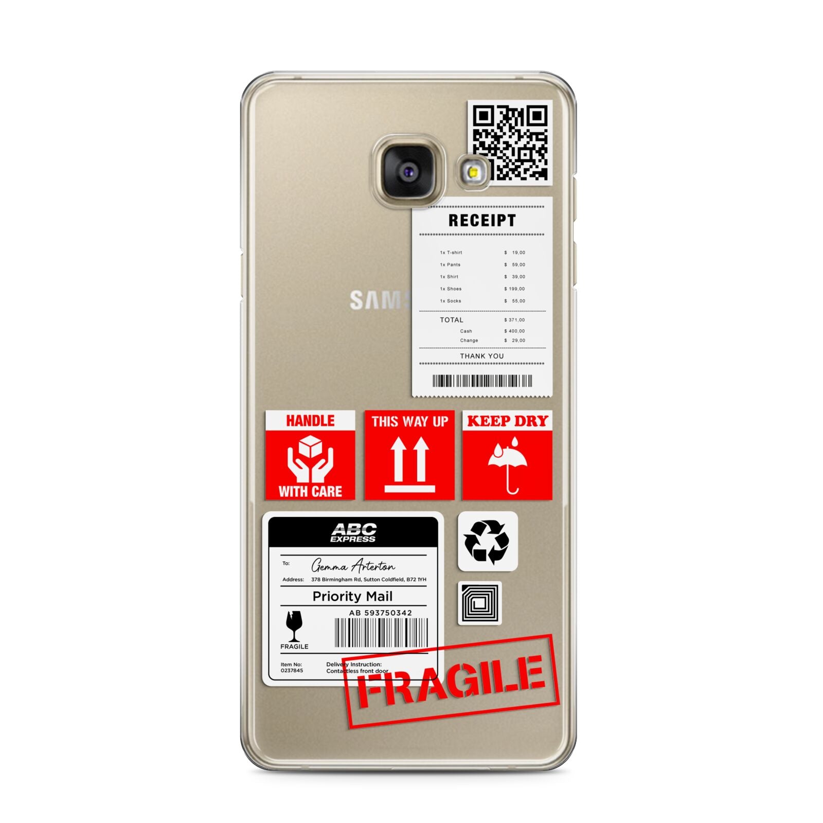 Parcel Stickers with Name Samsung Galaxy A3 2016 Case on gold phone