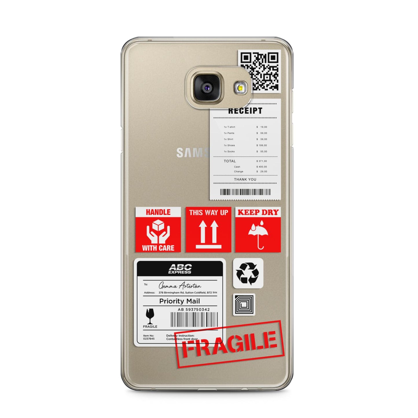 Parcel Stickers with Name Samsung Galaxy A5 2016 Case on gold phone