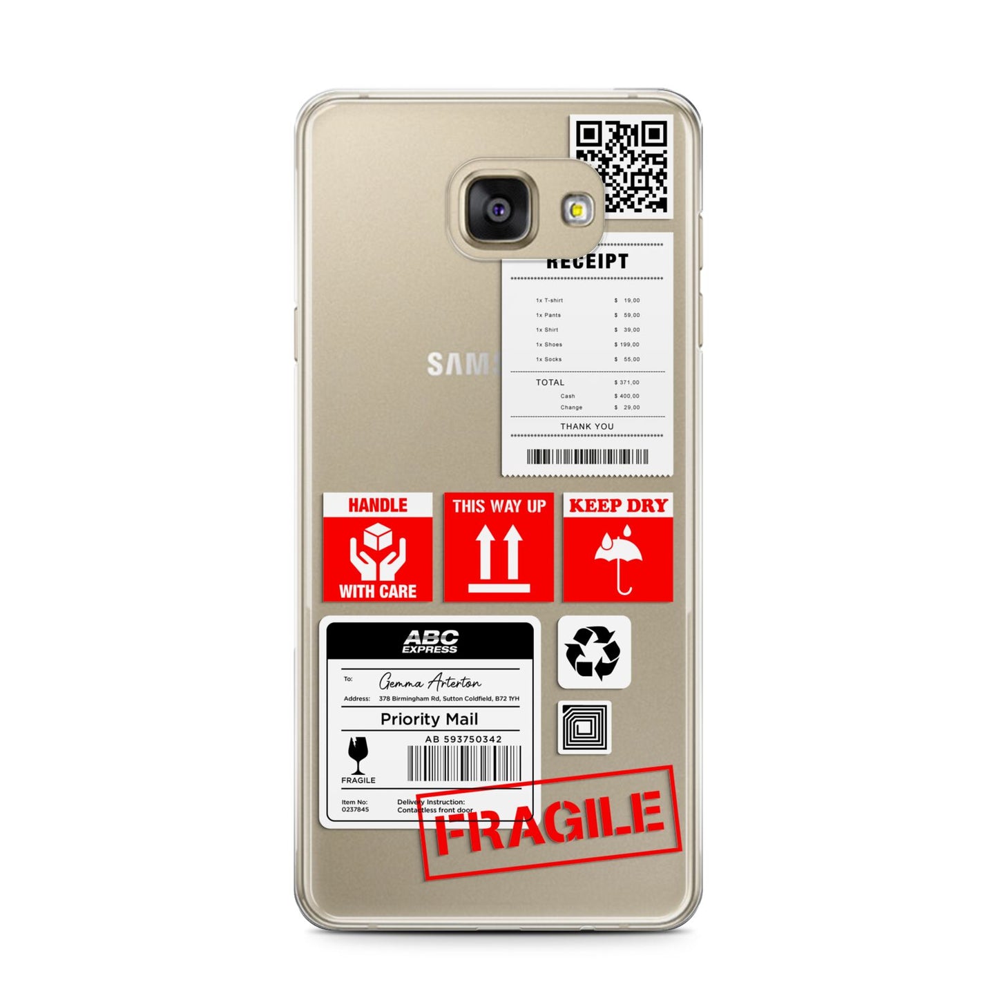 Parcel Stickers with Name Samsung Galaxy A7 2016 Case on gold phone