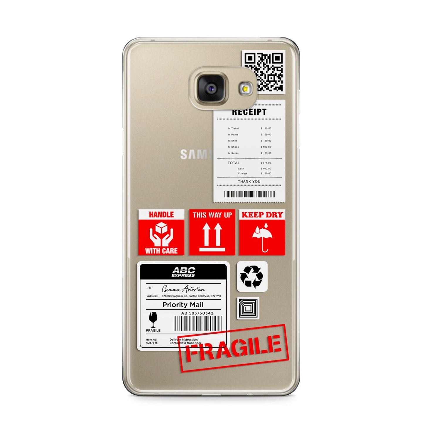 Parcel Stickers with Name Samsung Galaxy A9 2016 Case on gold phone