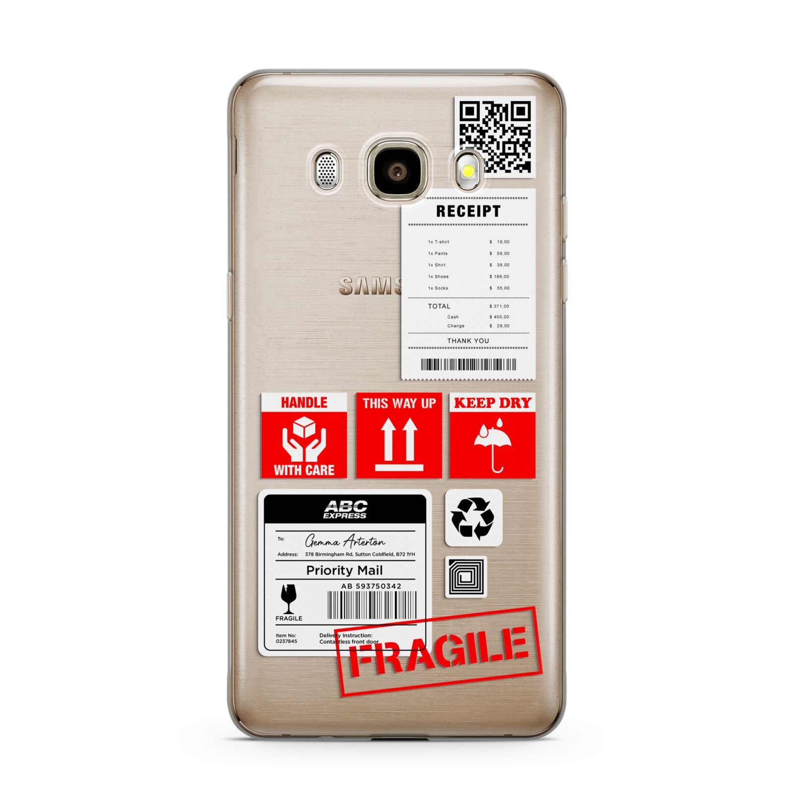 Parcel Stickers with Name Samsung Galaxy J7 2016 Case on gold phone