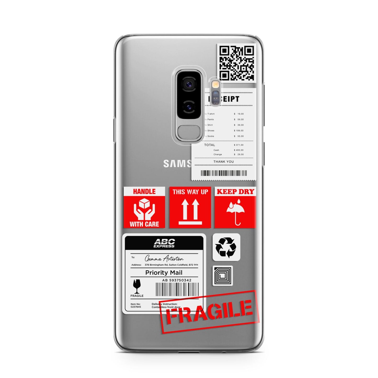 Parcel Stickers with Name Samsung Galaxy S9 Plus Case on Silver phone