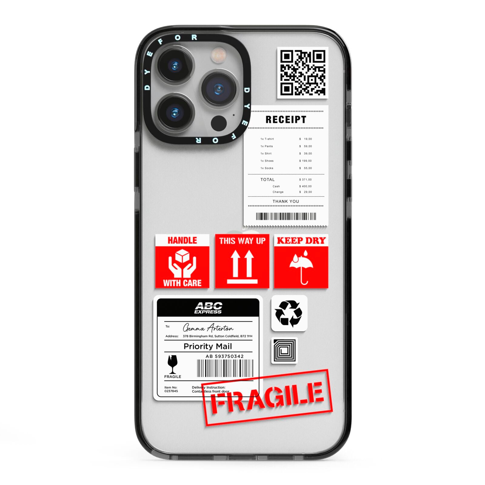 Parcel Stickers with Name iPhone 13 Pro Max Black Impact Case on Silver phone