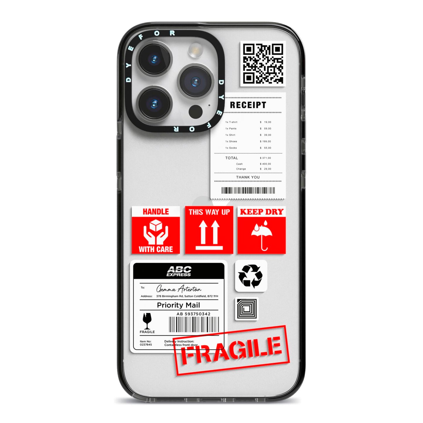 Parcel Stickers with Name iPhone 14 Pro Max Black Impact Case on Silver phone