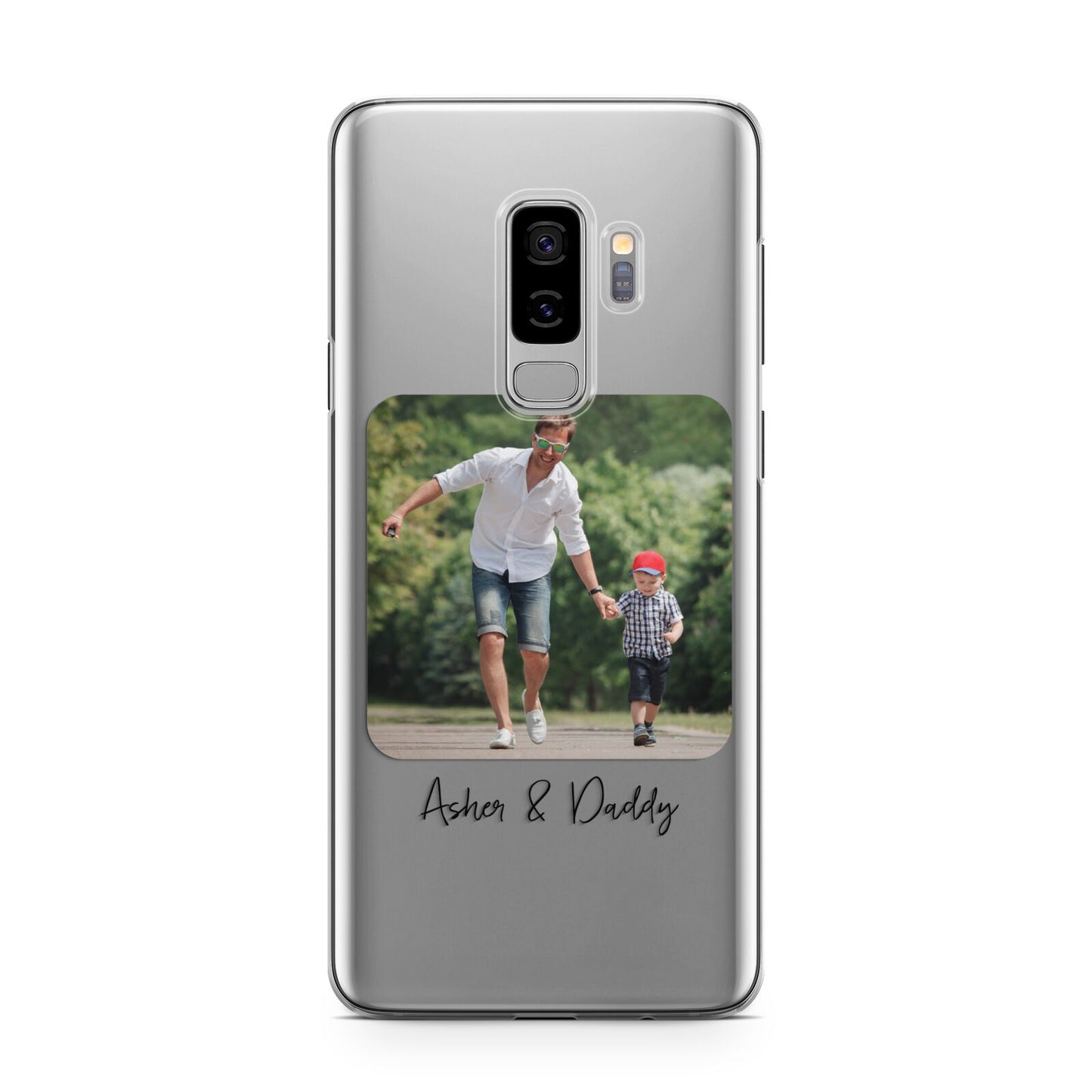 Parent and Child Photo with Text Samsung Galaxy S9 Plus Case on Silver phone