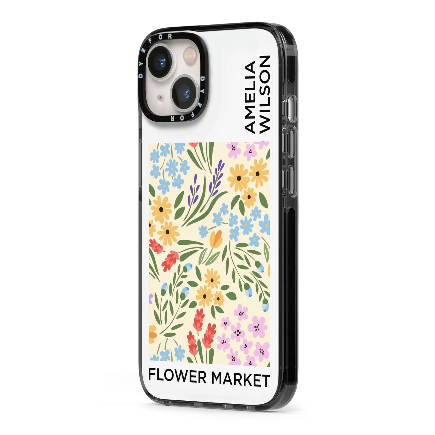 Paris Flower Market iPhone 13 Black Impact Case Side Angle on Silver phone