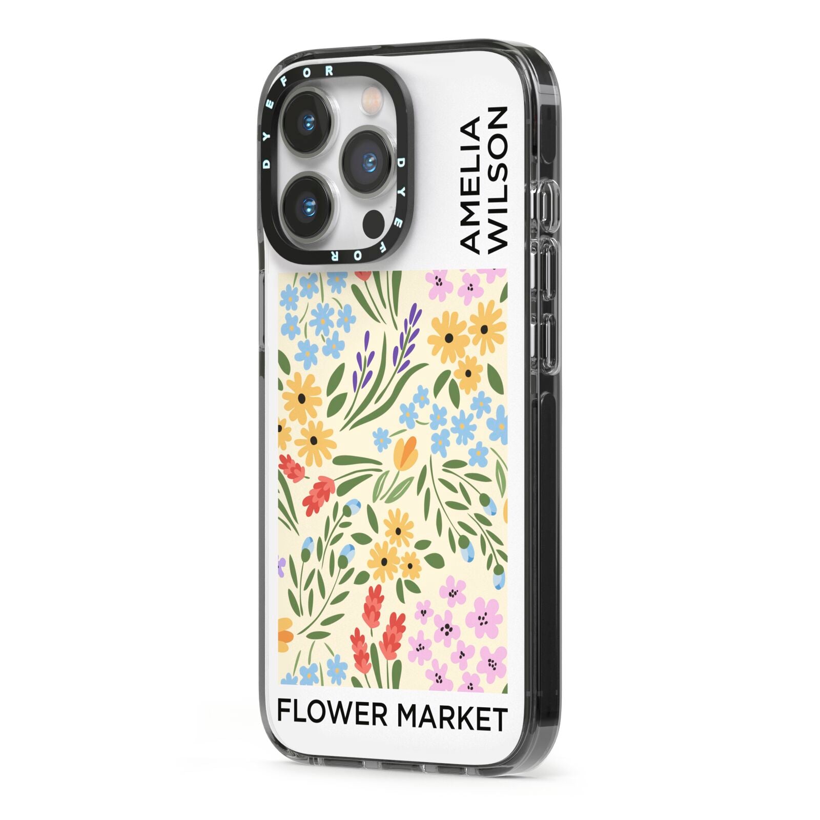 Paris Flower Market iPhone 13 Pro Black Impact Case Side Angle on Silver phone
