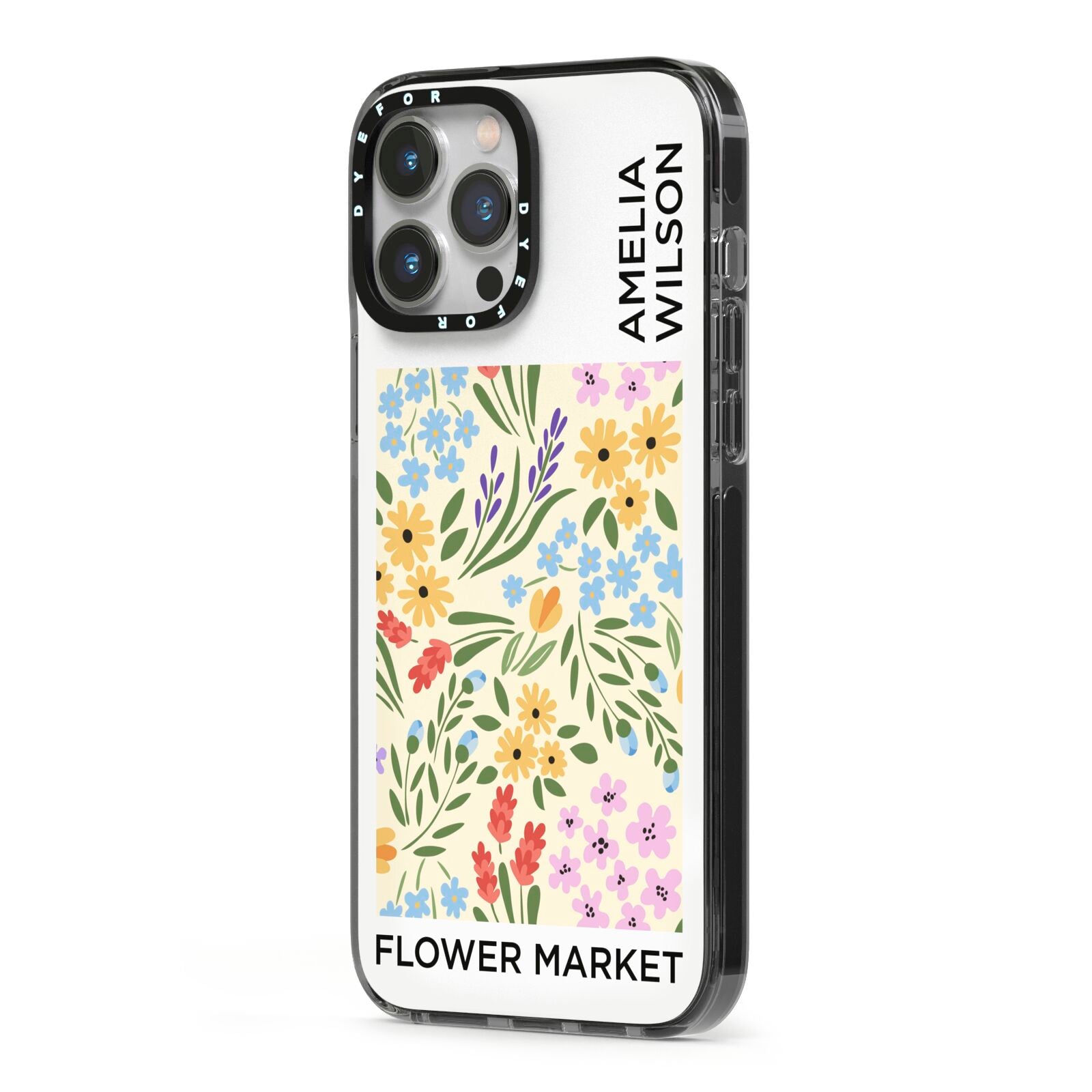 Paris Flower Market iPhone 13 Pro Max Black Impact Case Side Angle on Silver phone