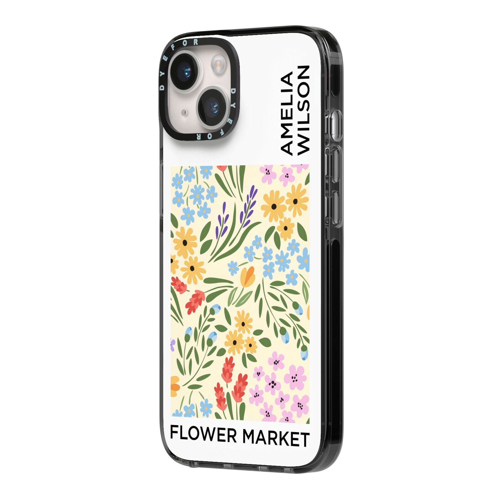 Paris Flower Market iPhone 14 Black Impact Case Side Angle on Silver phone